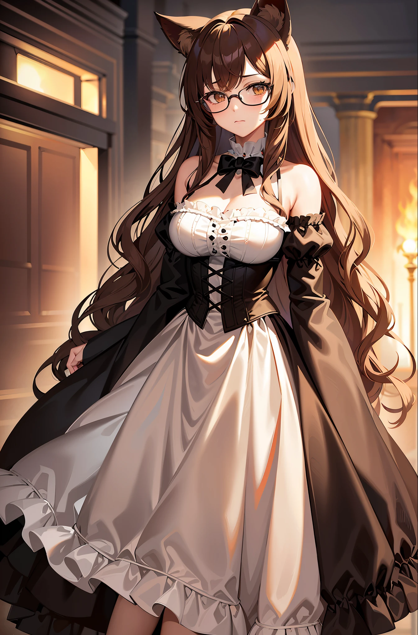 (masterpiece), best quality, one person, one girl, (Long curly hair,Light Brown), cat ears, Beautiful eyes, golden eyes ,((The face shows no emotion.)),(Lolita dress,dark brown), Wear glasses. , (half body shot) , studio light, 4k hdr, (Strong fire), details, มีdetails CG มาก, Outdoor lighting, ((brighten))
