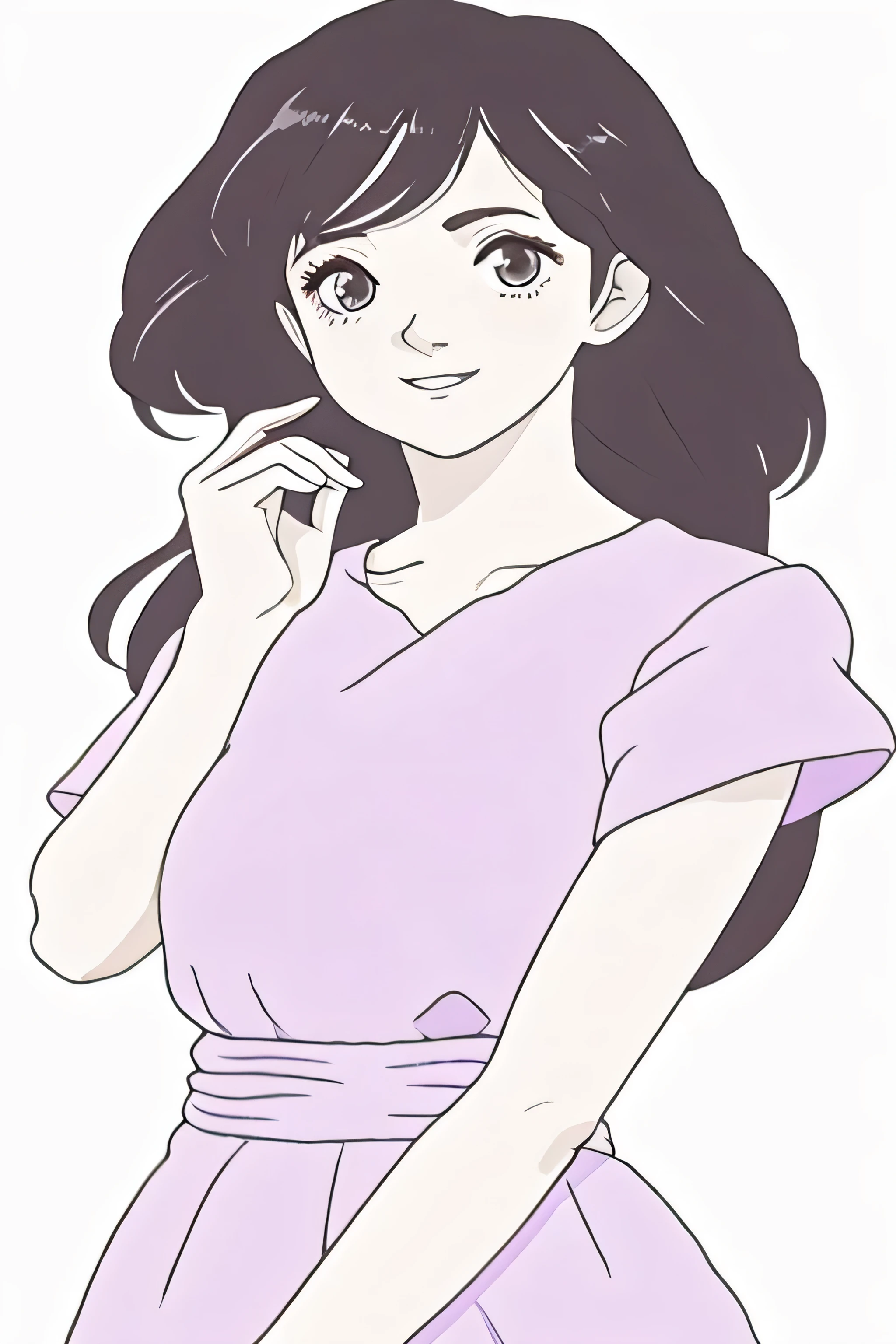 Cartoon girl in a purple dress, Cute girl - well-groomed face, Half Body Portrait, anime girlのプロフィール, korean girl, cute portrait, cute - well-groomed - face, black hair girl, shy smile, anime girl, Profile Pose, 魅力的なanime girl, with long black hair, avatar image, Half Body Portrait