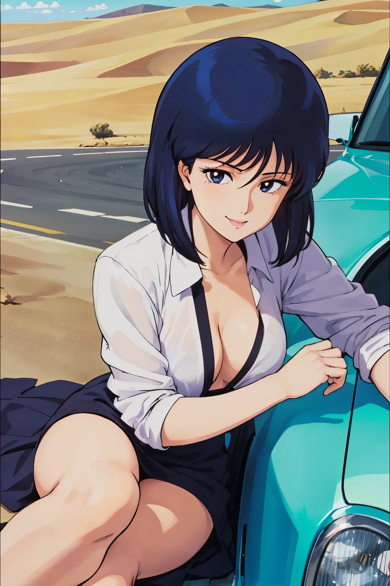 Saeko, 1girl, solo, upper body, sitting on car, cross legs , side of road, desert, looking at viewer, smile, perfect quality, good quality, masterpiece, HDR, UHD