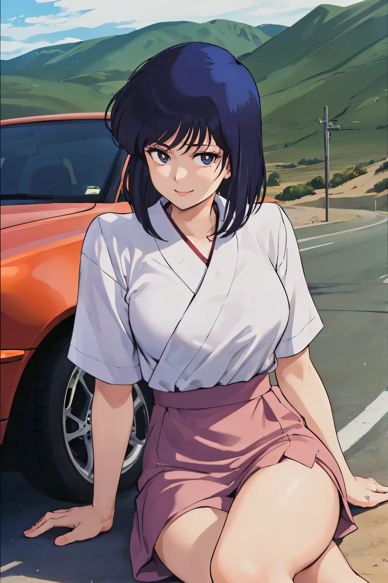 Saeko, 1girl, solo, upper body, sitting on car, cross legs , side of road, desert, looking at viewer, smile, perfect quality, good quality, masterpiece, HDR, UHD 