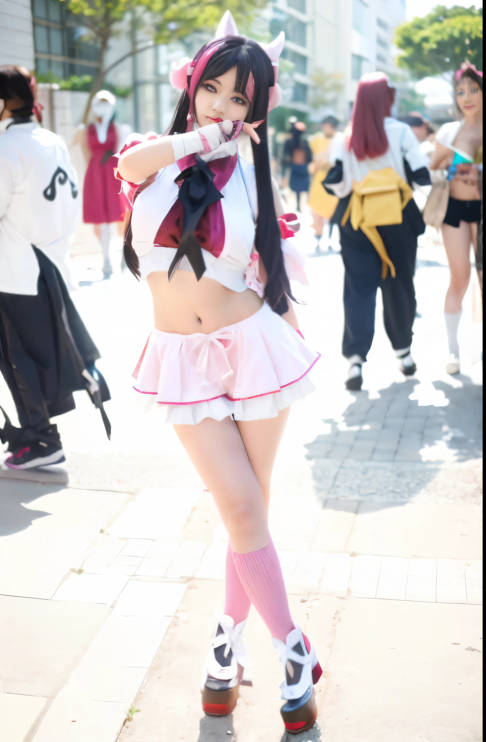 araffe dressed in a pink and white outfit posing for a picture, cosplayer, cosplay, anime girl cosplay, anime cosplay, belle delphine, cosplay photo, ahri from league of legends, anime girl in real life, anime style mixed with fujifilm, juri misaki, ayaka cosplay, juri han from street fighter, anime character, frilly outfit