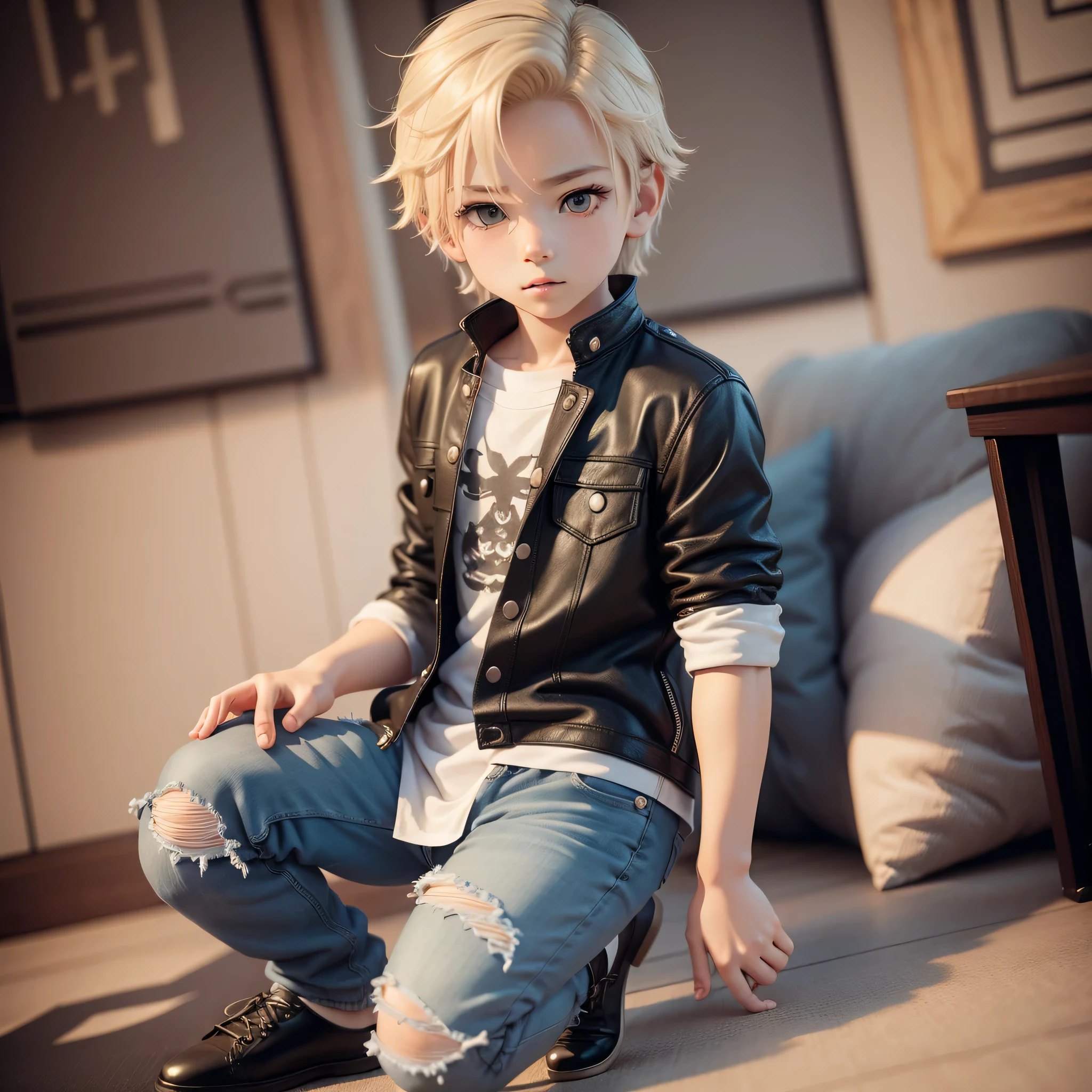 (((《chibi》3D))),A very cute and beautiful boy boy solo/ A blonde boy,grey,soft regent,dragon embroidered skayan shoes,ripped jeans,