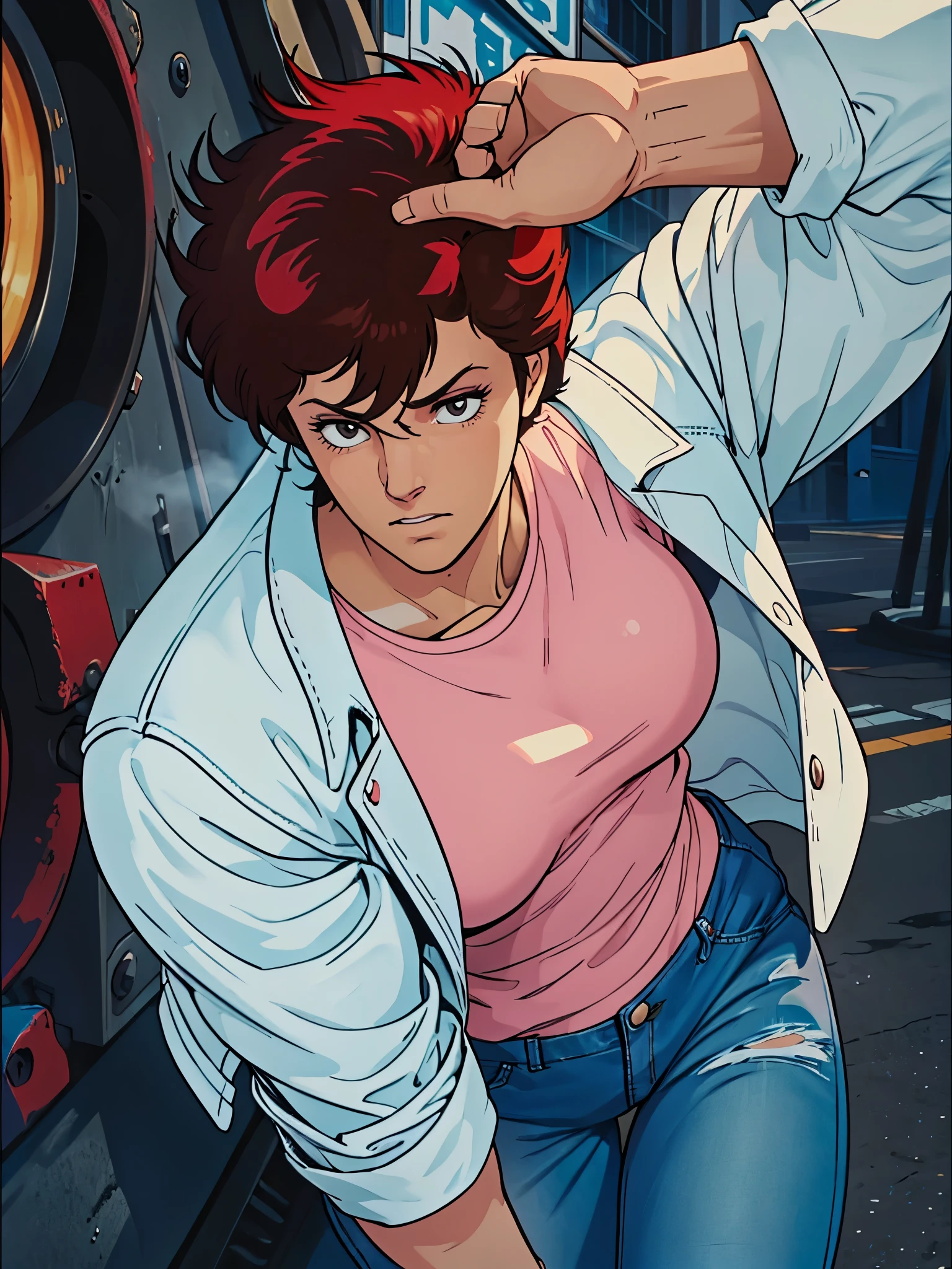 ((Kaori is wearing a white denim jacket over blue denim jeans and a pink shirt, and clenches her fist tightly towards the viewer.)), kaori, 1 girl, solo, 27 years old, tomboy, upper body of woman, anger, rage, blushing, ecstatic expression , erotic, seductive, attractive, crimson eyes, perfectly shaped eyelashes, perfect eyes, (muscular female slender body, beautiful big breasts, nicely chiseled abs, beautiful long legs), perfect arms, perfect hands, perfect fingers, perfect fist, perfect anatomy, white denim jacket, blue denim jeans, pink shirt, steamy, steam, (close-up on upper body, From above, running at viewer, action, fist raised), (Late night, Downtown Japan), neon, rim light, perfect quality, good quality, masterpiece, HDR, UHD,