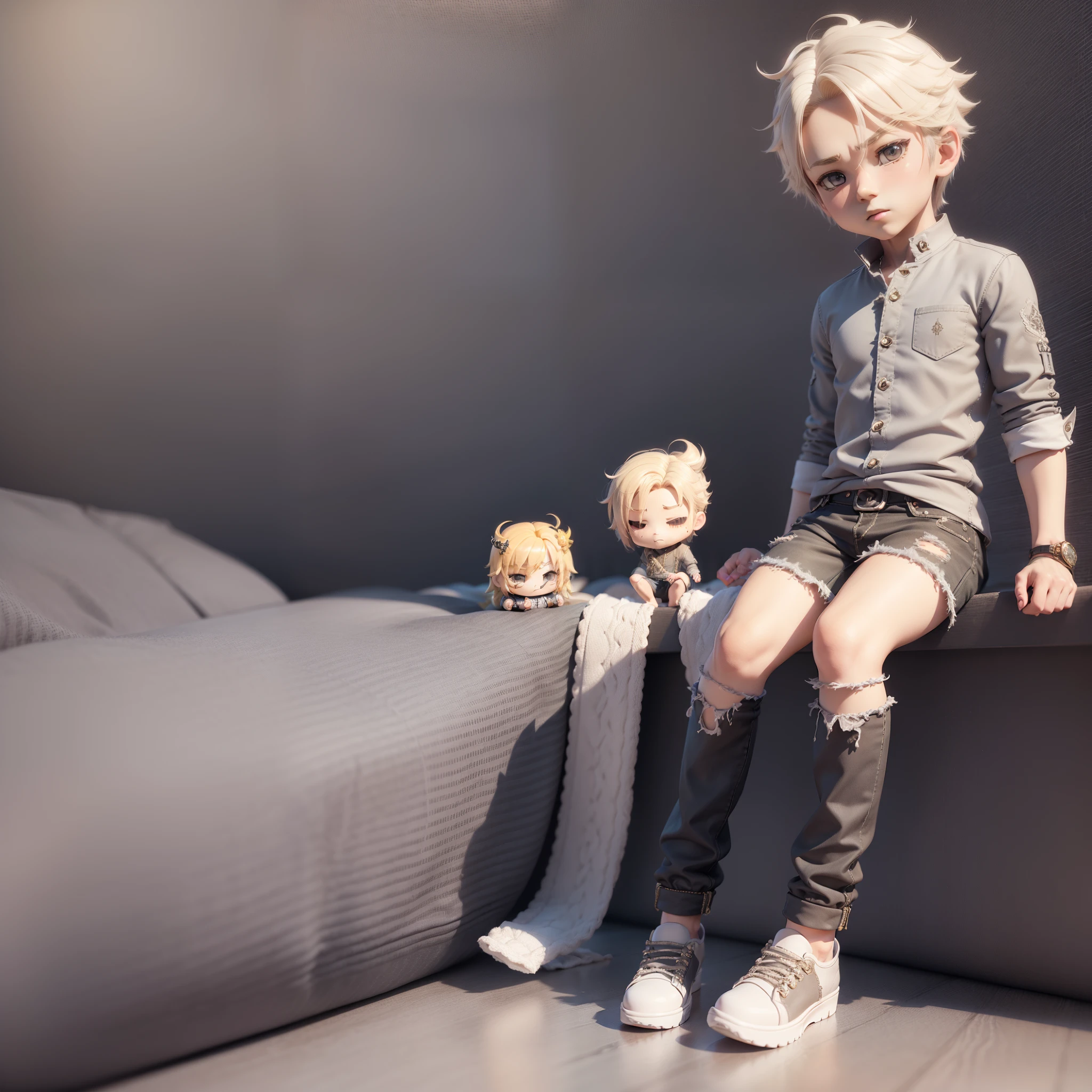 (((《chibi》3d))),A very cute and beautiful boy boy solo/ A blonde boy,Gray color,soft regent,dragon embroidered skayan shoes,ripped jeans,