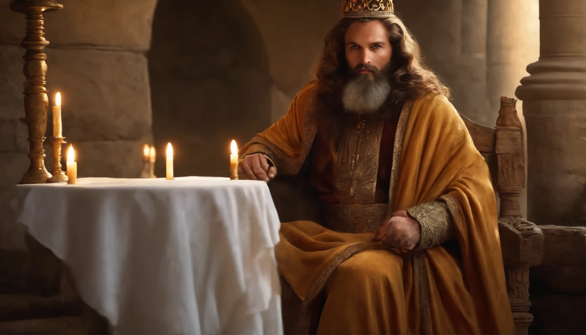 King destry paganism (best quality,ultra-detailed,realistic:1.37),(portrait,religious),(King David),(adult),(intense gaze towards the viewer),(long beard and hair),(wearing long robes),(bright and vibrant colors),(traditional religious symbolism),(gold crown),(historic background),(crumbling ancient stone walls),(soft, warm lighting),(meticulously painted textures),(masterpieces:1.2),(fine brushstrokes),(expressive facial features),(subtle shadow and highlights),(exquisite attention to detail),(biblical character),(solemn and dignified),(majestic and powerful),(divine inspiration),(captivating and engaging),(mesmerizing and awe-inspiring)