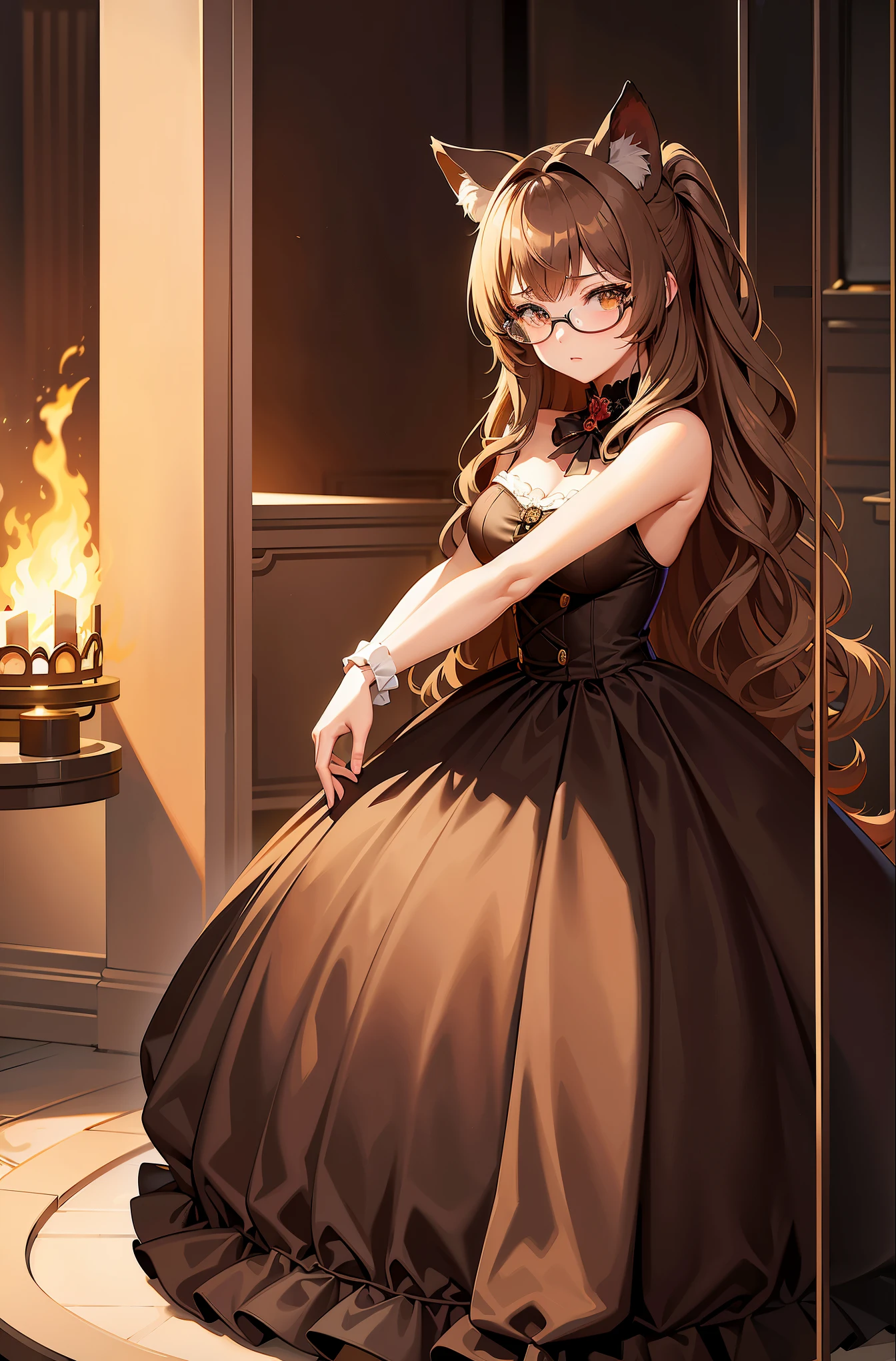 (masterpiece), best quality, one person, one girl, (Long curly hair,Light Brown), cat ears, Beautiful eyes, golden eyes ,((The face shows no emotion.)),(Lolita dress,dark brown), Wear glasses. , (full body shot) , studio light, 4k hdr, (Strong fire), details, มีdetails CG มาก, Outdoor lighting, ((brighten))