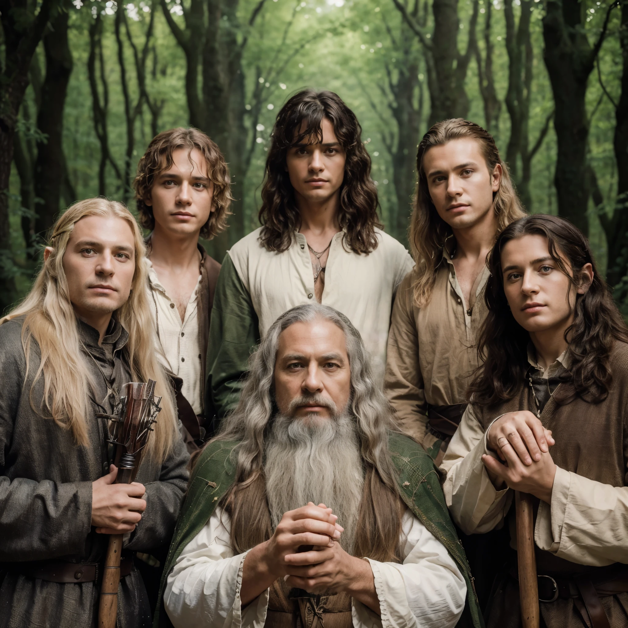 (8K, best quality:1.2), (masterpiece:1.37), (high sharpness) Masterpiece, best quality, (highly detailed photo:1.1),
six people posing in the forest, set in the lord of the rings,