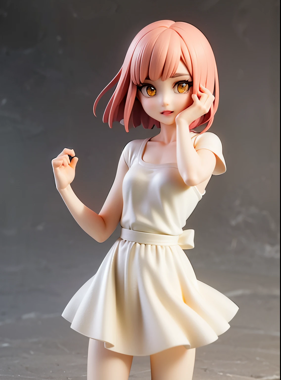 yellow eyes、 pink gold short bob、Bangs at the top of the eyebrows、short bangs、figure、
