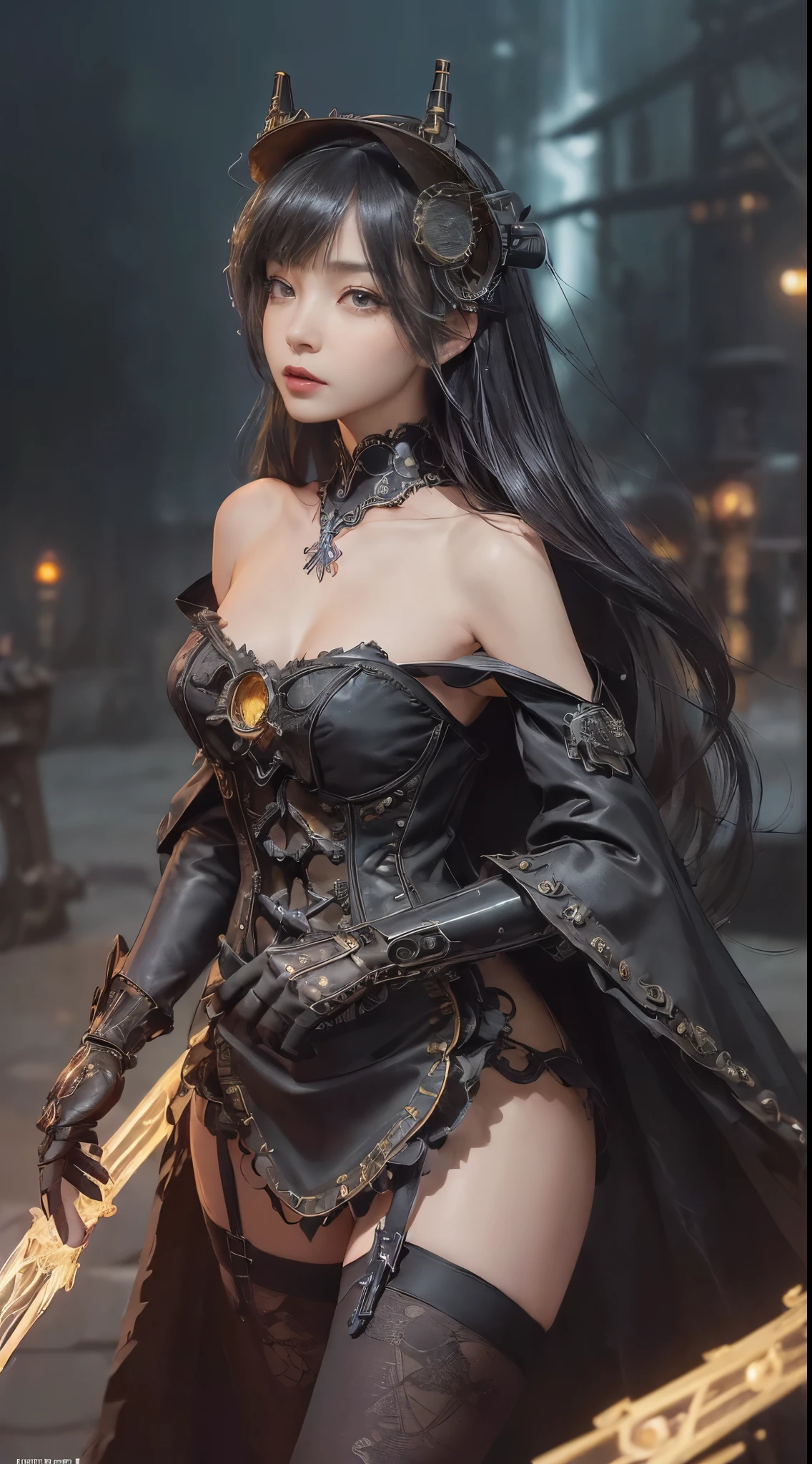 (((masutepiece, of the highest quality, super detailed))), (((( Very detailed face))), small thin nose, Small thin lips mouth, (((Very sharp focused eyes))), Very large slit precise pale grey eyes that shine like jewels. very long eyelashes, long black hair with black vertical curls,, thick bangs, Princess cut with vertical curls, (((Very decorative gothic ta fashion and、Embellished steampunk fashion encounter))), Very dramatic and cinematic lighting, (((Overall accuracy has been significantly improved, Create ultra-detailed, realistic and realistic images))).,Very thin waist,Very beautiful nipples,Pale pink underwear,Thin fabric underwear,Thin string underwear,Leaner figure,