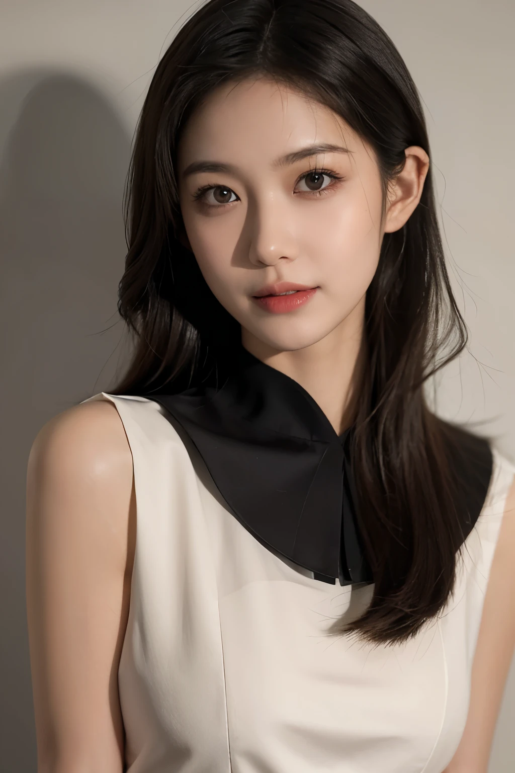 highest quality,masterpiece,ultra high resolution,(realistic:1.4),RAW photo,(real skin texture:1.3),(film grain:1.3),panorama,1 girl,character portrait,cinematic lighting,cast a shadow,very wide shot,(ponytail:0.8),narrow waist,Tyndall effect,smile,Beautifully detailed eyes and face,short white uniform black skirt,head down,brown eyes,waist_superior,superiorper body,