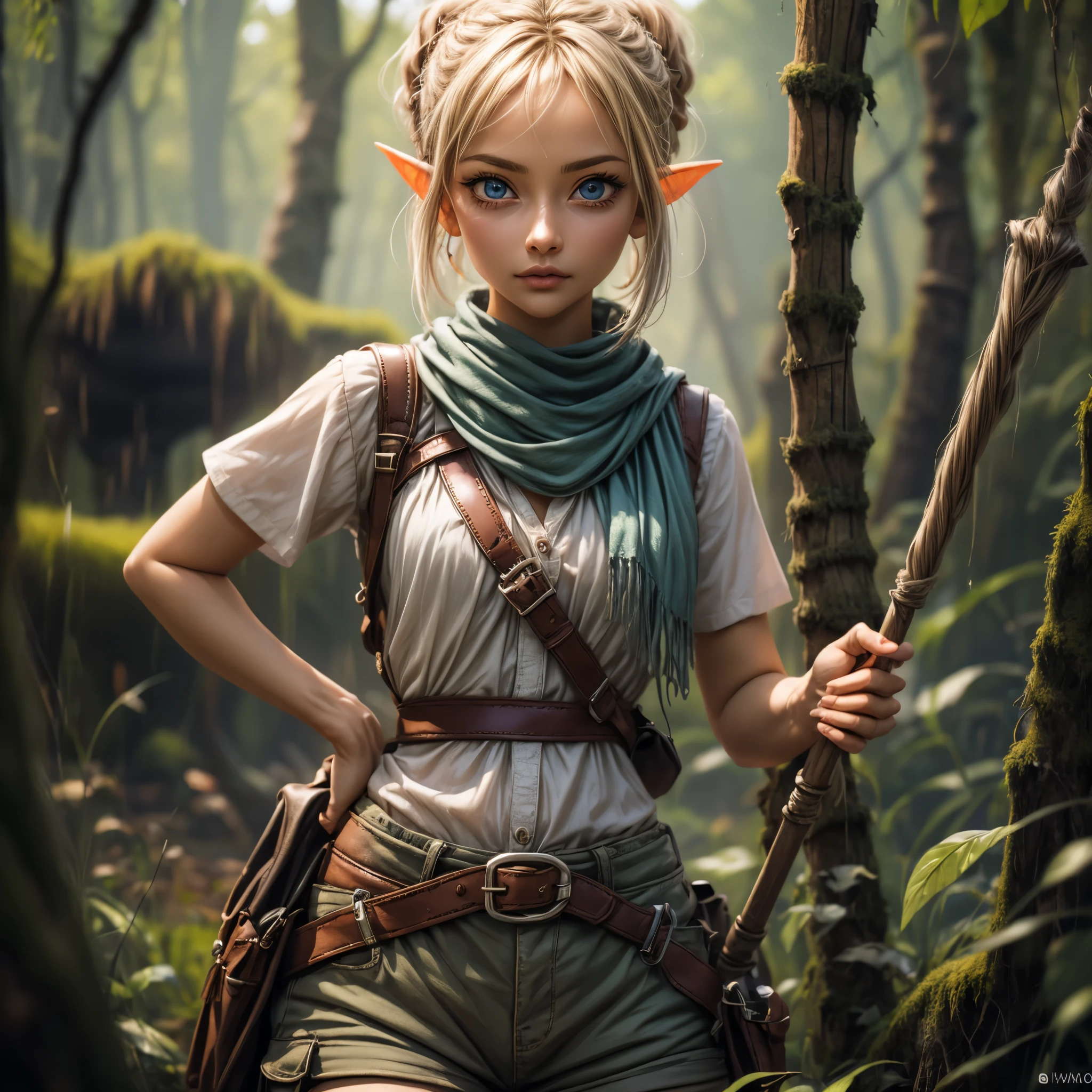 (best quality,4k,8k,highres,masterpiece:1.2),ultra-detailed, female gnome, short blond hair, blue eyes, light blue scarf with white stripes, khaki cargo shorts, green vest, wielding an orbstaff, RPGGnome, short girl,  girl, AIKA, HDR, 8k, absurdres, cinestill 800, sharp focus, add_detail:2, (solo, woman)