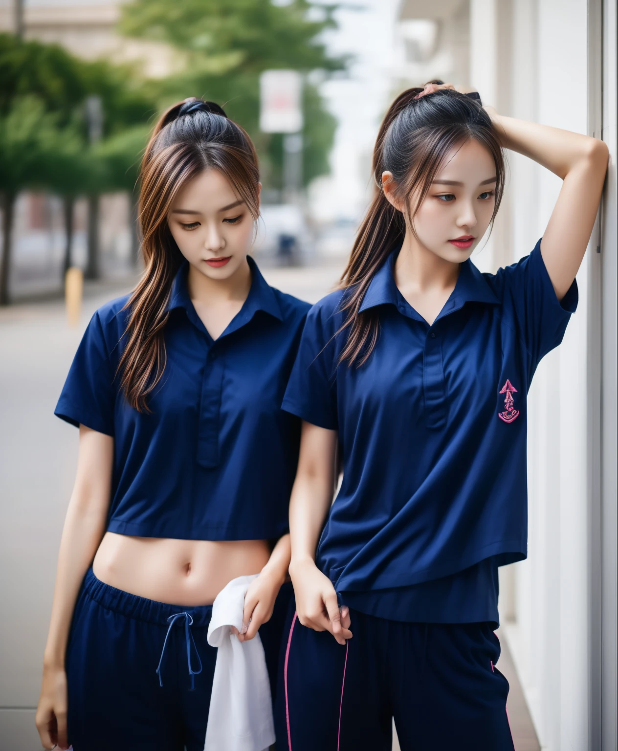 3 girls in fitness center, Navy blue short-sleeved shirt,Navy Long Trackpant,Sweatpants, Sweatpantsขายาว,25 year old girl, lesbian, sexy, exercise clothes, wet body, exercise clothes