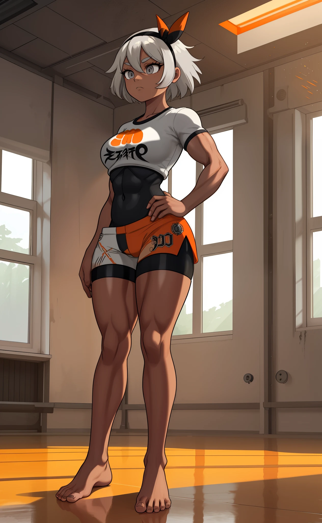 [bea], [pokemon], [uploaded to e621.net; (napalm_express)], ((masterpiece)), ((HD)), ((high res)), ((solo portrait)), ((full body)), ((front view)), ((feet visible)), ((detailed shading)), ((beautiful render art)), ((intricate details)), {anime girl; (dark-toned skin), (cute grey eyes), (short eyelashes), short white hair, (curvy hips), (defined muscles), (beautiful muscular legs), (beautiful feet), (expressionless)}, {(white shirt), (midriff), (bodysuit under clothes), (orange print shorts), (black hairband)}, {(standing), (looking in the distance)}, [background; (open room), (gym), (ceiling lights), (sun rays), (pink and orange sky)]