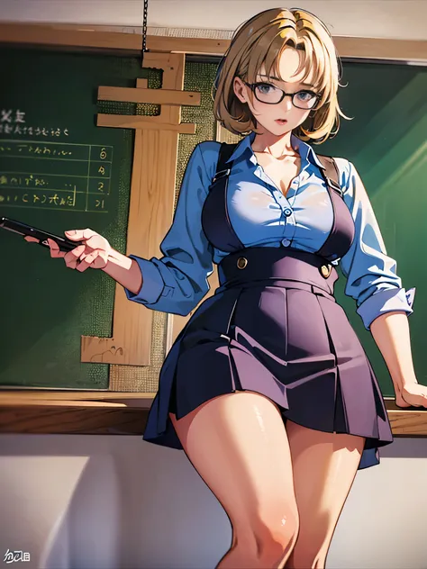 cute young teacher standing at the blackboard, wearing a minidress and blouse, shot from below, leaning forward, bare thighs, po...