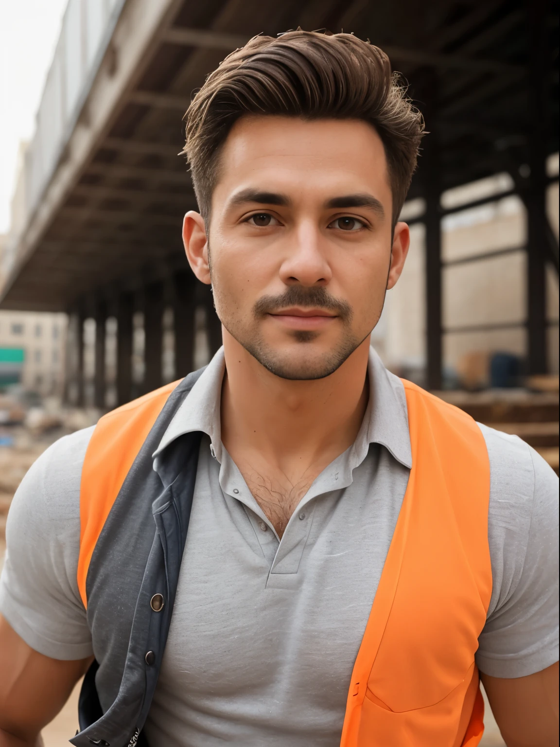 masterpiece, best quality, high resolution, closeup portrait, male focus, solo focus, A man, 40 years old, with construction worker uniform, unbuttoned work clothes, construction worker, silver grey hair, messy hairstyle, cute and seductive face, bare chest, body hair, facial hair, roman nose, very skinny body, hairy legs, dimples, beard, bold jawline , in the background a construction site, orange vest, gay , scruffy, erotic, view from below, amazing composition, front view, HDR, ultra quality, elegant, highly detailed