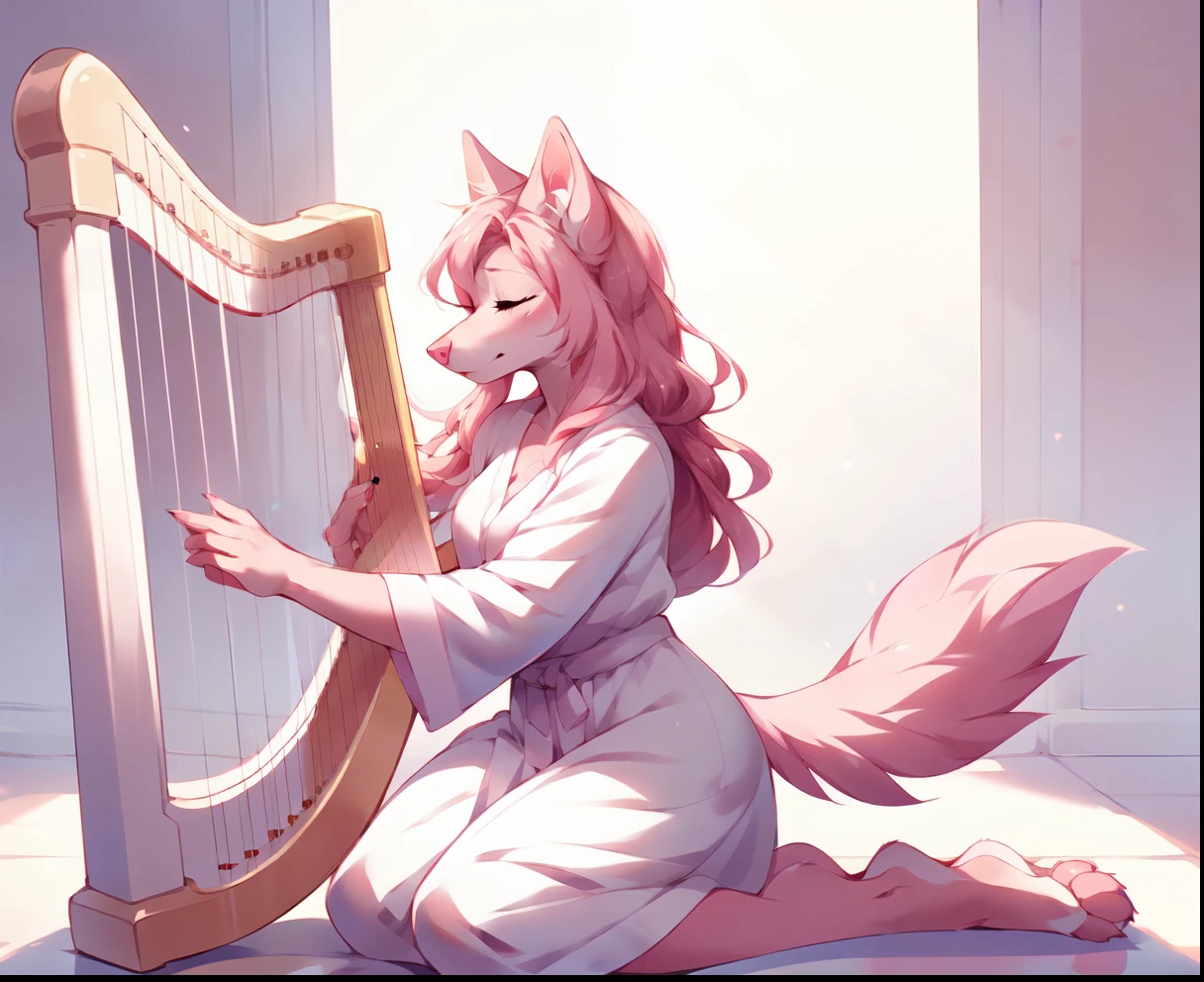 Solo, Athena, by fumiko, by hyattlen, anthro domestic pink dog girl, pink furry body, pink ears, closed eyes, pink nose, snout, wearing white robes, feet paws, 4 toes, playing the harp,  holding a harp, in an elegant white room, 