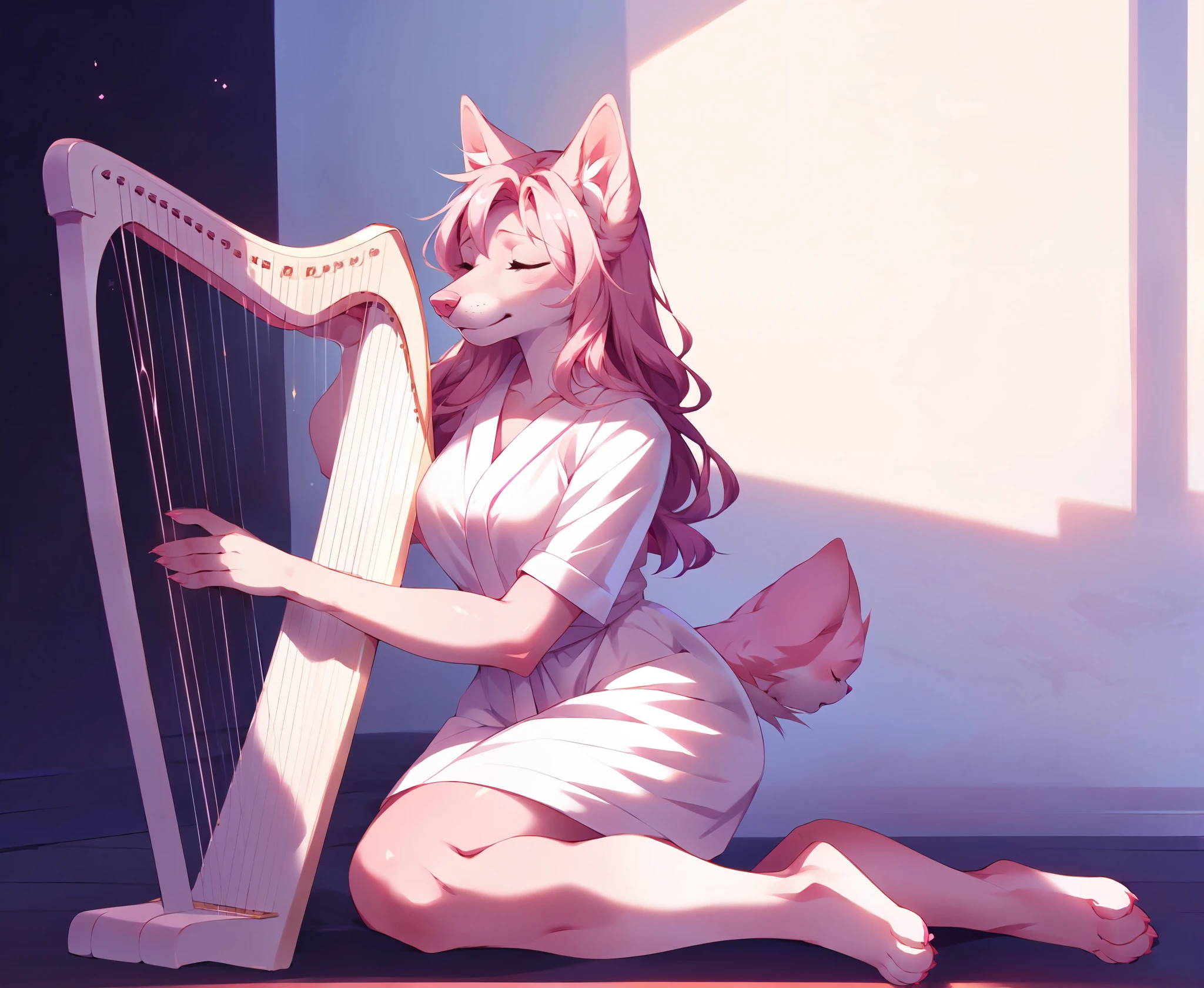 Solo, Athena, by fumiko, by hyattlen, anthro domestic pink dog girl, pink furry body, pink ears, closed eyes, pink nose, snout, wearing white robes, feet paws, 4 toes, playing the harp, holding a harp, in an elegant white room,