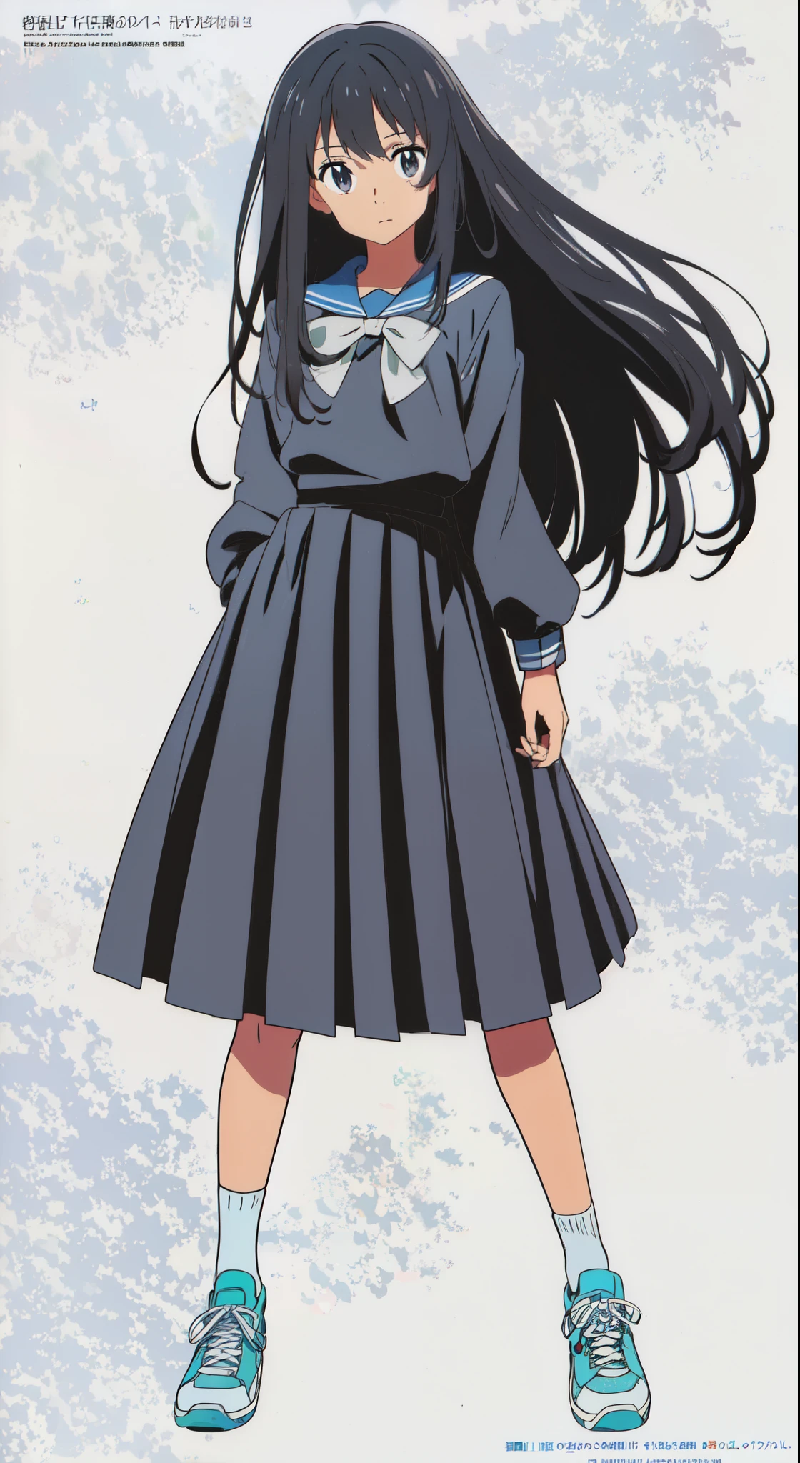(best quality:1.0), (best quality:1.0), (a 15yo cute girl:1.0), (white background:1.0), (best quality:1.0), (masterpiece:1.0), (super fine illustration:1.0), (beautiful artwork:1.0), (anime screencap:1.0), (official art:1.0), (full body:1.0), (solo:1.0), (a 15yo cute girl:1.0), (long skirt:1.0), (dark blue skirt:1.0), (pleated skirt:1.0), (dark blue sailor uniform:1.0), (long sleeve sailor uniform:1.0), (sneakers:1.0), (white socks:1.0), (ideal ratio body proportions:1.0), (lanky:1.0), (tall:1.0), (slender:1.0), (small breasts:1.0), (smaller face:1.0), (tareme:1.0), (detailed beautiful eyes:1.0), (detailed beautiful face:1.0), (glowing black eyes:1.0), (medium hair:1.0), (black hair:1.0), (standing:1.0), (looking at viewer:1.0)