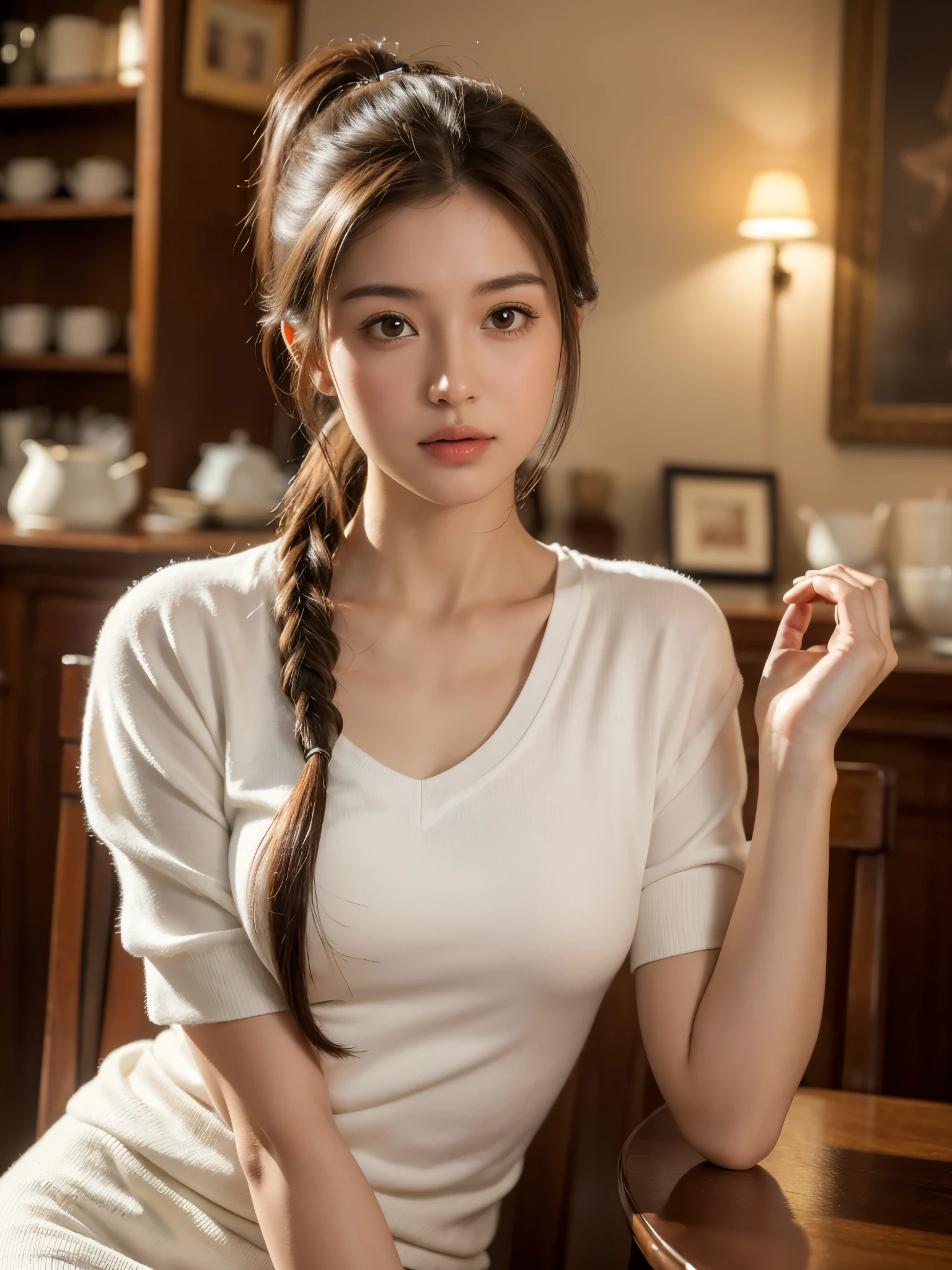 (masterpiece:1.3), (8k, photorealistic, RAW photo, best quality: 1.4), gravure photography, ((wide angle shot)), ((upper body shot)), looking back, posing, (1girl), beautiful face, (long ponytail brown hair), realistic eyes, beautiful detailed eyes, long eyelashes, (realistic skin), beautiful skin, medium breasts, (wearing white_shirt, white_miniskirt), ultra high res, ultra realistic, highly detailed, soft lighting, in a quaint cafe in Buenos Aires, vintage ambiance
