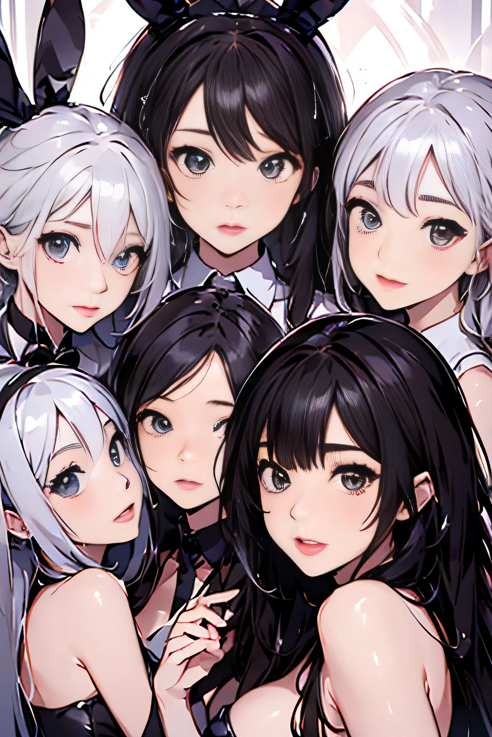 perfect anime illustration、identical septuplets、7 girls、clone、identical sisters、sisters gathered together、background sisters、matching hairstyle、brown hair、curly hair、matching hairstyle、hazel eyes、smile、((a playboy bunny))、mansion、high resolution、whole body