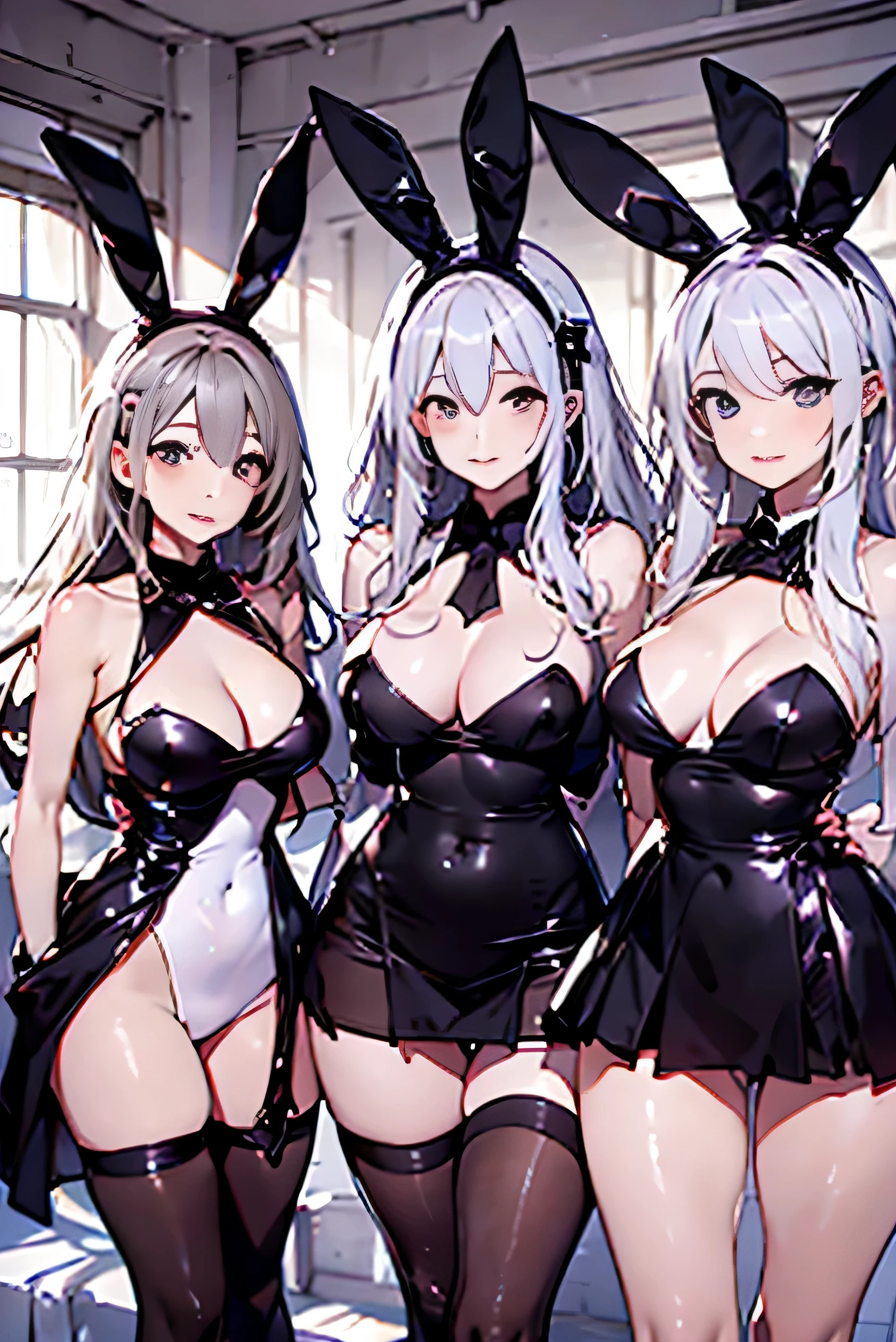 perfect anime illustration、identical septuplets、7 girls、clone、identical sisters、sisters gathered together、background sisters、matching hairstyle、brown hair、curly hair、matching hairstyle、hazel eyes、smile、((a playboy bunny))、mansion、high resolution、whole body