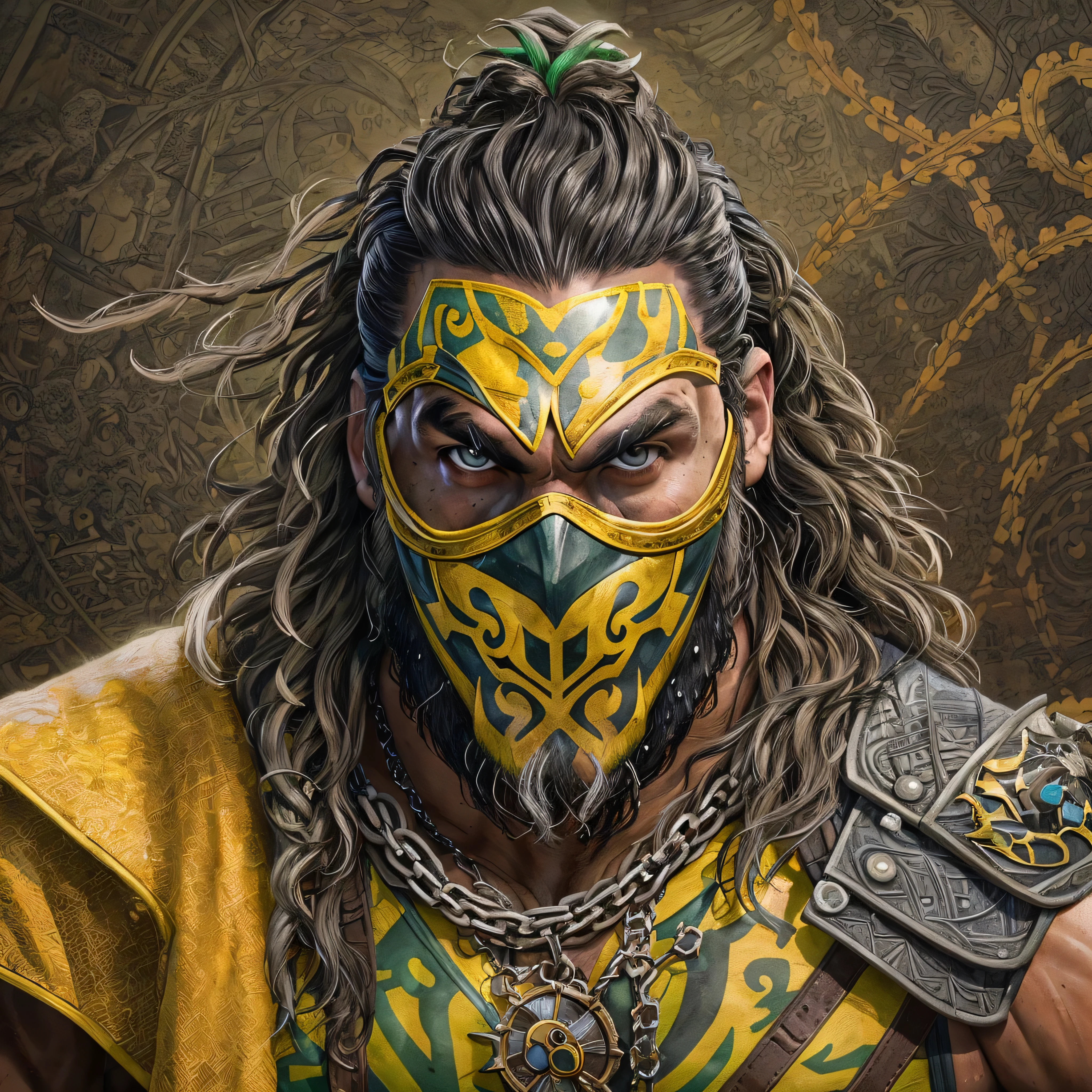 a photo of ((Jason Momoa)) as Scorpion from Mortal Kombat, yellow and black ninja outfit, (skull-like mask), kunai on a chain, Intricate, High Detail, Sharp focus, dramatic, photorealistic painting art by greg rutkowski