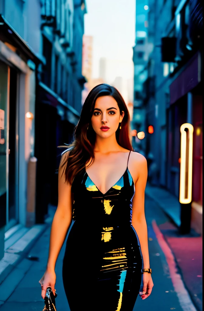 A tenacious female journalist Elizabeth Gillies uncovering a high-stakes conspiracy in a bustling metropolis, weaving through crowded streets and dark alleyways, full body, Detailed clothes, green eyes, flowing hair, determined expression, shiny glossy skin, subsurface scattering, (sharp:0.7), [(colorful explosion psychedelic paint colors:1.21)::0.05], amazing fine detail, Nikon D850 film stock photograph Kodak Portra 400 camera f1.6 lens, rich colors, lifelike texture, dramatic lighting, urban environment, skyscrapers, neon signs, street vendors, dynamic composition, unreal engine, trending on ArtStation, cinestill 800 tungsten