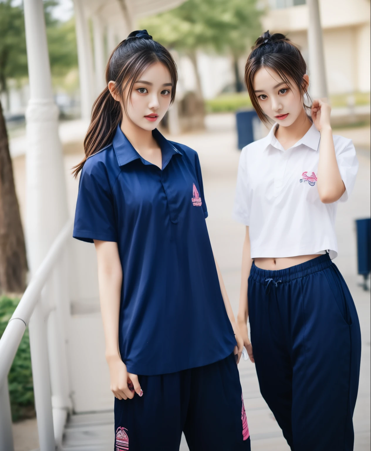 3 girls in fitness center, Navy blue short-sleeved shirt,Navy Long Trackpant,Sweatpants, Sweatpantsขายาว,25 year old girl, lesbian, sexy, exercise clothes, wet body, exercise clothes