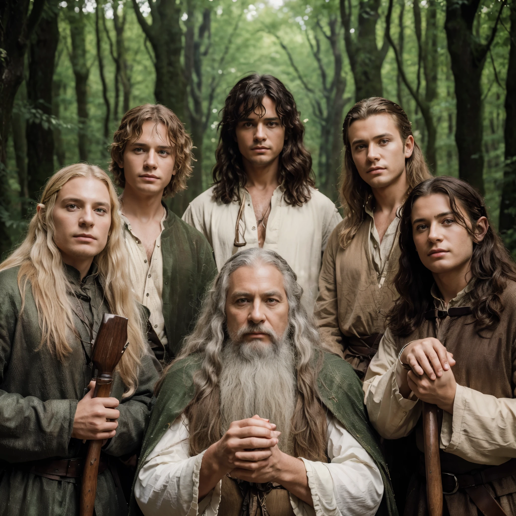 (8K, best quality:1.2), (masterpiece:1.37), (high sharpness) Masterpiece, best quality, (highly detailed photo:1.1),
six people posing in the forest, set in the lord of the rings,