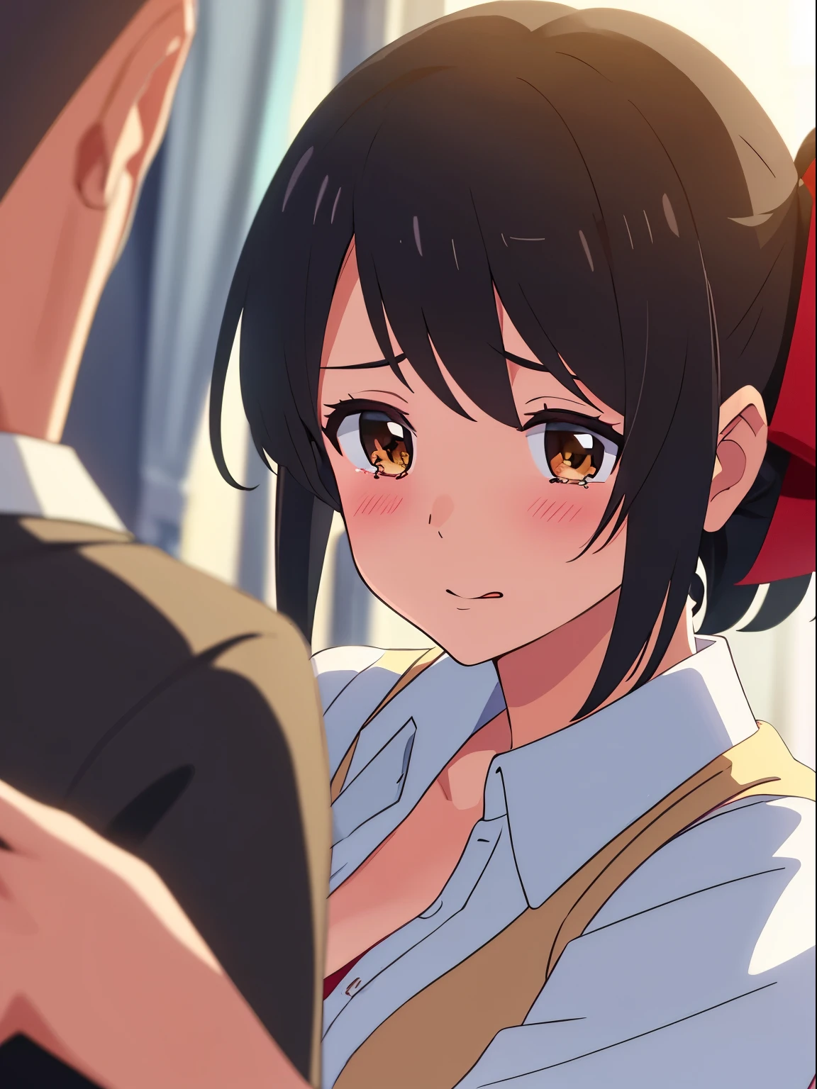 1boy, naked, buzzcut, boy behind girl, touching chest, breatsgrope from behind, grab, grabbing chest,chestgrab behind back, hold breast, hug back, hugging, neck kiss, 1girl, bangs, black hair, blush, brown eyes, red headband, red ribbon, short hair, white dress, off shoulder, cleavage, worried eyes, open mouth, medium breasts, bedroom, lamp, night, perfect anatomy