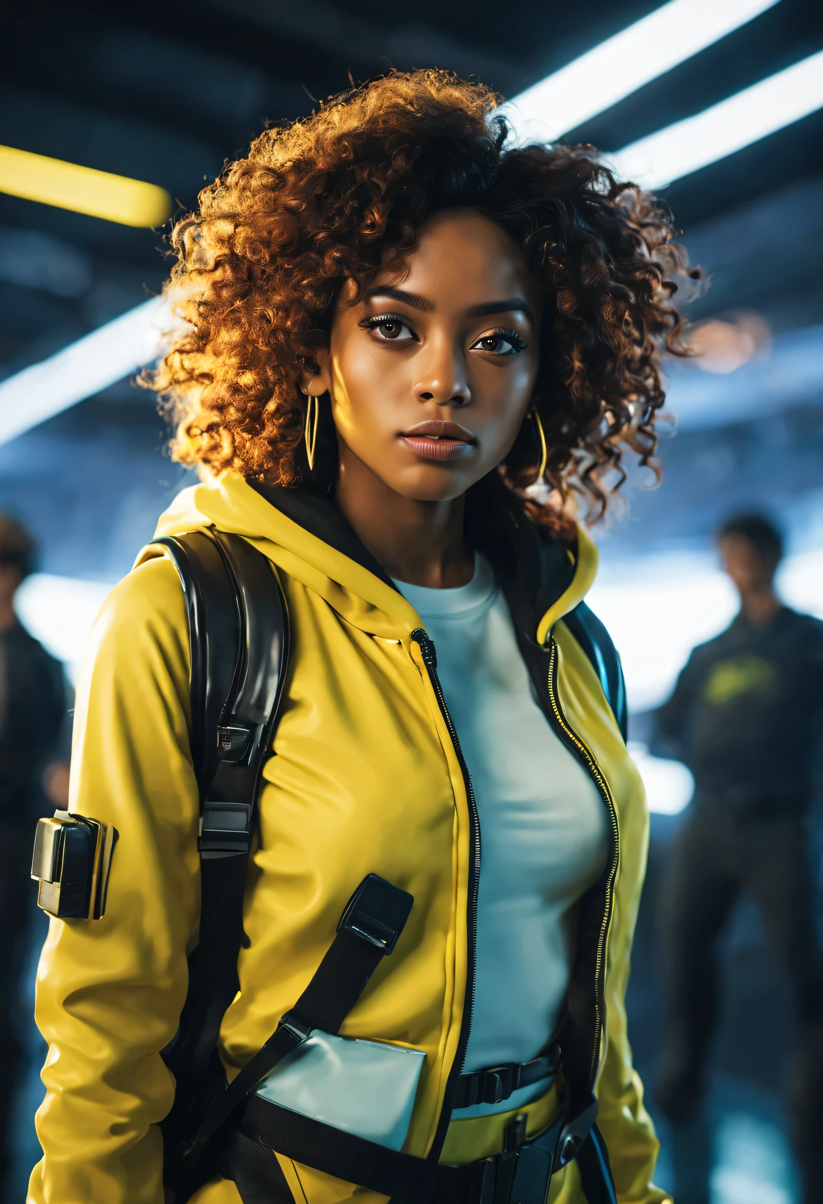 RAW, Masterpiece, Super Fine Photo, Ultra High Resolution, Photorealistic, Sunlight, Full Body Portrait, Stunningly Beautiful, Dynamic Poses, Delicate Face, Vibrant Eyes, solo, deep ebony 1girl, black girl, beautiful face, curly afro hair, black lips, a female character is wearing a yellow and black colored outfit with a backpack and a yellow hoodie jacket, black, yellow and white sports leisure, yellow futuristic smart goggles, clear lens, green eyes, leggings pants, long hair, diamond earrings, cybernetically enhanced, she is standing in front of spaceships and satellites, starry night sky, pigeoncore, neo-dadaist, Asuka Langley, neon genesis EVA suit, mechanized precision, space crew member, she holds an important position, in crowd spectator at a tech conference in the style of mecha sci-fi anime, 8k, best quality, highres, Unreal Engine:1.4,Ultra-realistic 64K CG, Photorealista:1.4, Skin Texture:1.4, Volumetric fog, 8k uhd, dslr, high quality, film grain, fair skin, photorealism, lomography, sprawling metropolis in a futuristic dystopia, translucent