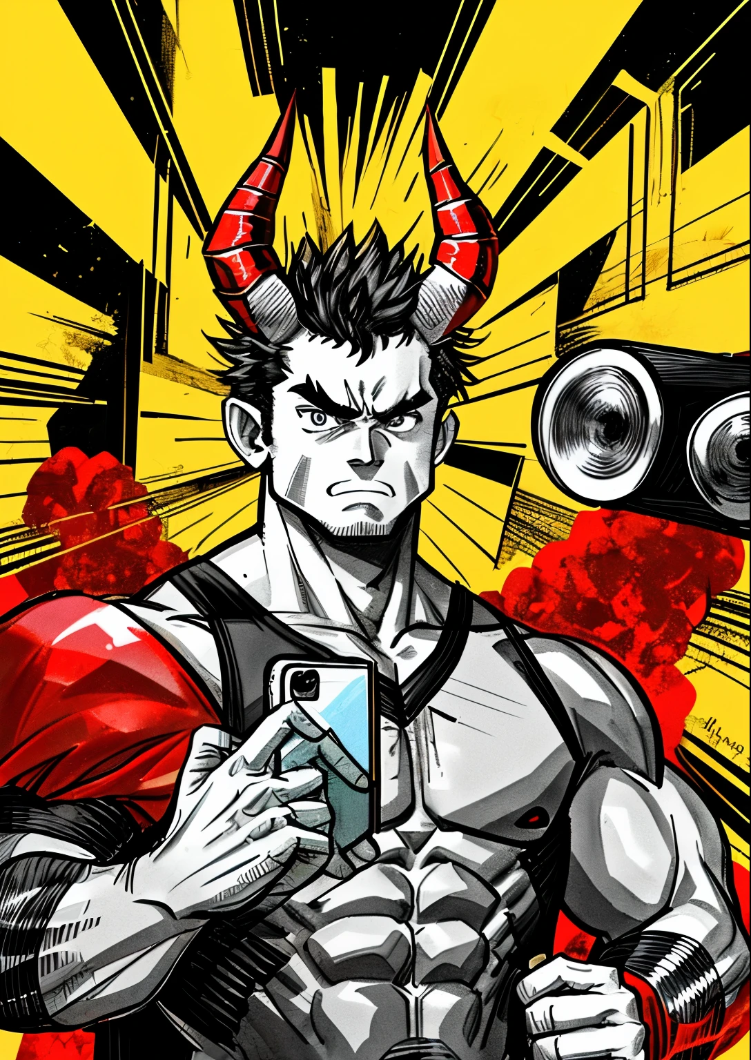 macho,muscle,smartphone in hand,Background inflammation,live,speakers left and right,Horns on the head,Horn