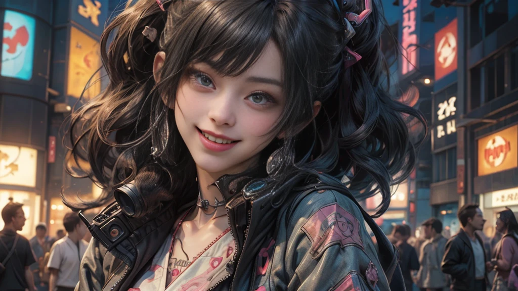 Anime masterpiece, best quality, (((laughing teenaged cyberpunk girl ((wearing detailed Harajuku tech jacket)) posing for portrait))), (((Harajuku cyberpunk clothing)))), (bold colors and patterns), eye-catching accessories, trendy and innovative hairstyle))), ((insane detail)), dazzling Cyberpunk cityscape, skyscrapers, glowing neon signs, (LED lights), anime illustration, detailed skin texture, detailed cloth texture, beautiful detailed face, intricate details, ultra detailed, cinematic lighting, strong contrast, colorful.