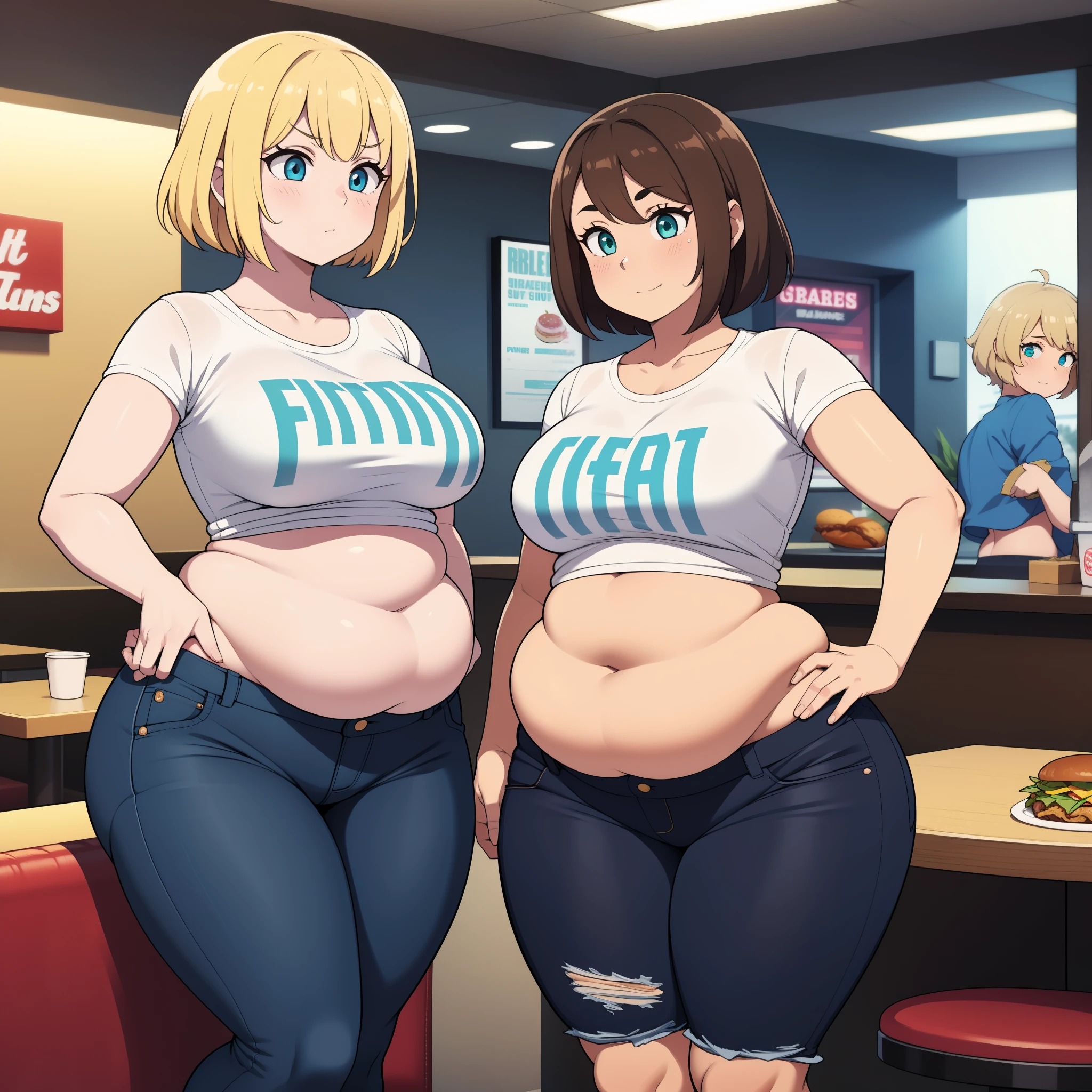 ((highres)), Masterpiece, high quality, best quality, beautiful, perfect lighting, detailed face, ultra cute face, ((2girls)), one girl has blonde hair, blue eyes, crop top and shorts, one girl has brown hair, green eyes, jeans, white shirt, fast food restaurant, medium breasts, ((wide hips)), (thick thighs), ((chubby)), pudgy belly, fat folds, standing, grabbing bellies,