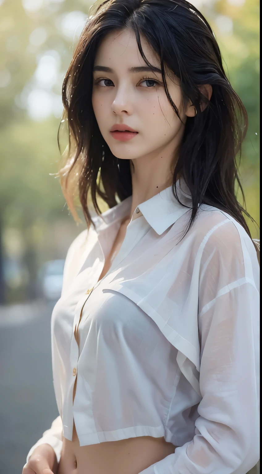 ((Best Quality, 8K, Masterpiece: 1.3)), Sharp: 1.2, Perfect Body Beauty: 1.4, Slim Abs: 1.2, ((Layered Hairstyle)), (Wet White Button Long Shirt: 1.1), (Rain, Street: 1.2), Wet: 1.5, Highly detailed face and skin texture, detailed eyes, double eyelids, side face