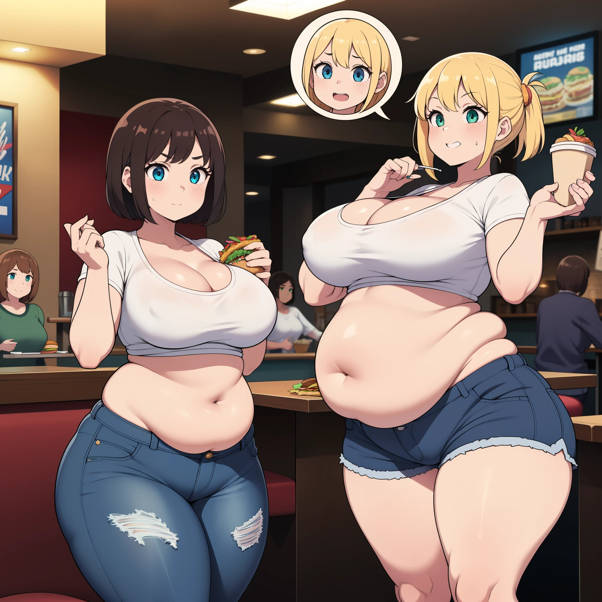 ((highres)), Masterpiece, high quality, best quality, beautiful, perfect lighting, detailed face, ultra cute face, ((2girls)), one girl has blonde hair, blue eyes, crop top and shorts, one girl has brown hair, green eyes, jeans, white shirt, fast food restaurant, medium breasts, cleavage, ((wide hips)), (thick thighs), ((chubby)), pudgy belly, fat folds, standing, grabbing bellies,