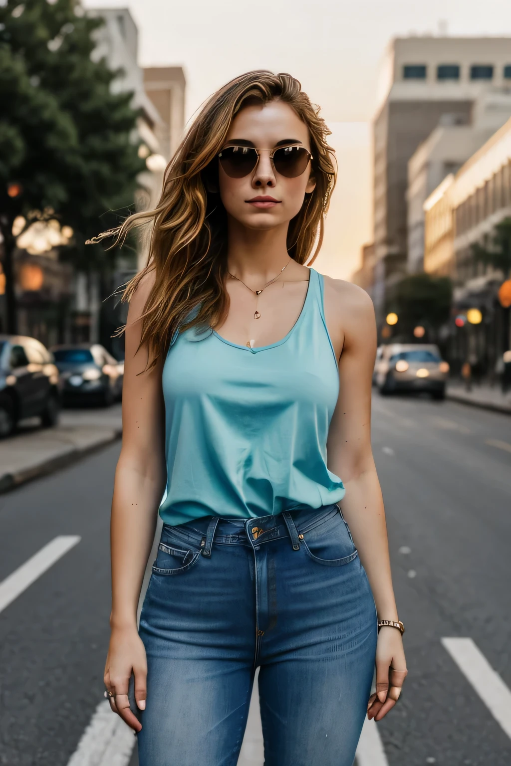 woman standing in the street wearing aviators, wavy hairs, chick pose, standing in style, awesome evening lighting, 8k, blue jeans, tank top, realistic features, city backdrop