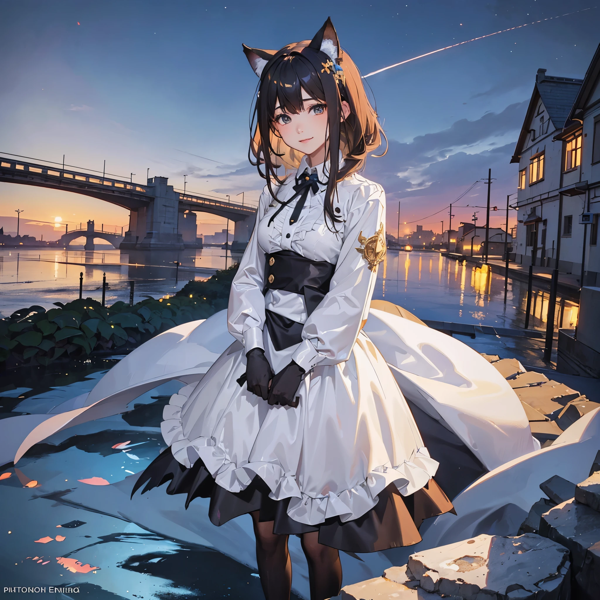 (high quality、8K、ultra hd,dark fantasy,Anime girl with long hair and cat ears standing in front of the earth, The background is buildings from the moon world.、mysterious、Smile、)、Nightcore, very beautiful anime cat girl, Beautiful anime cat girl, Perfect build、progressive house、by Yan J, Trending on ArtStation pixiv、digital painting、concept art、3D lighting、metal reflection、2D rendering、art germ、ArtStat Trends