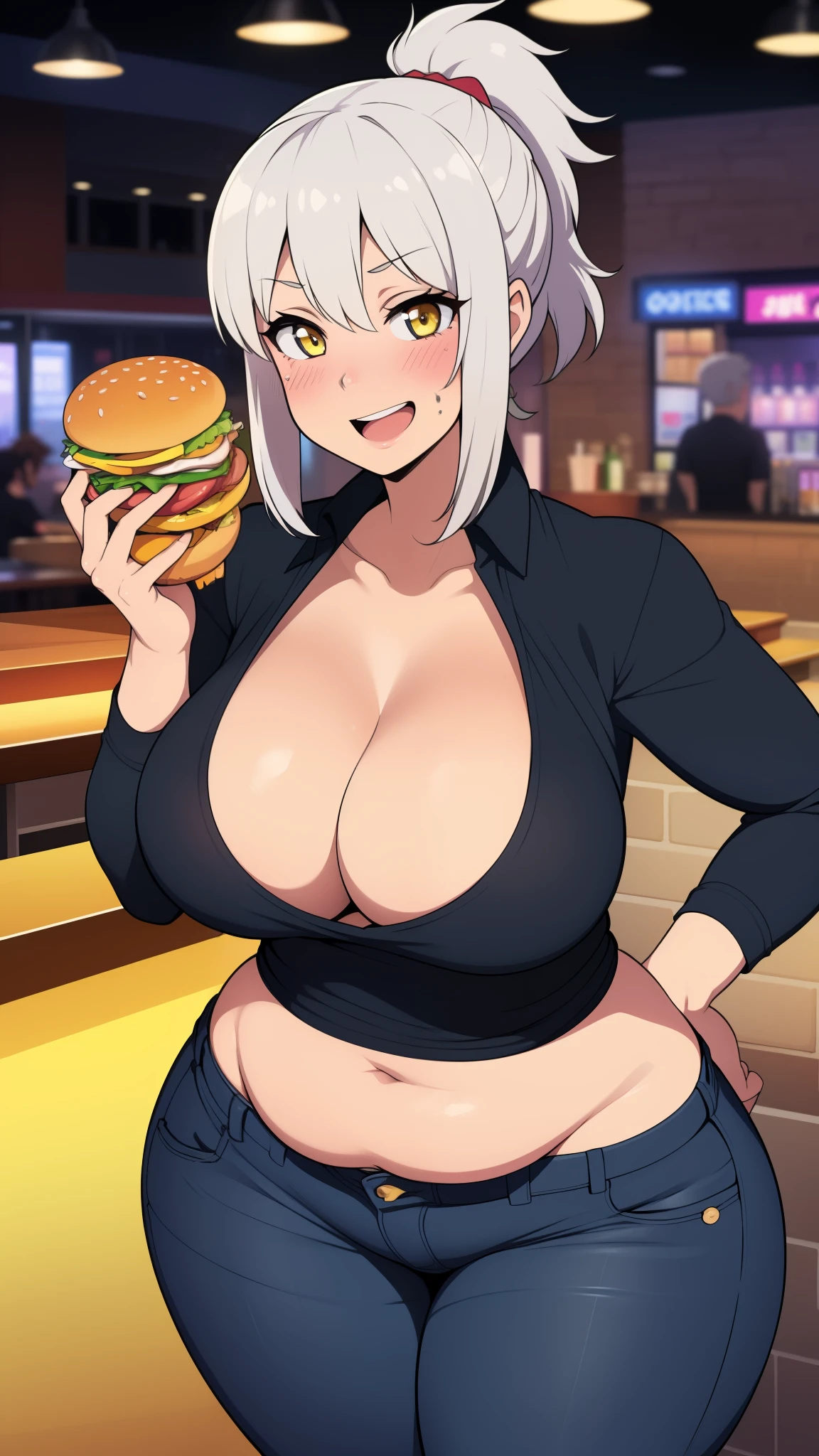 Masterpiece, high quality, best quality, beautiful, perfect lighting, detailed face, detailed body, ((1girl)), ((solo)), ((silver hair)), medium hair, ponytail, (messy hair), yellow eyes, looking at viewer, smile, teasing, (excited), ((blush)), happy, black shirt, jeans, large breasts, cleavage, perky breasts, (wide hips), ((thick thighs)), chubby,  ((fast food restaurant)), hand on breasts, 