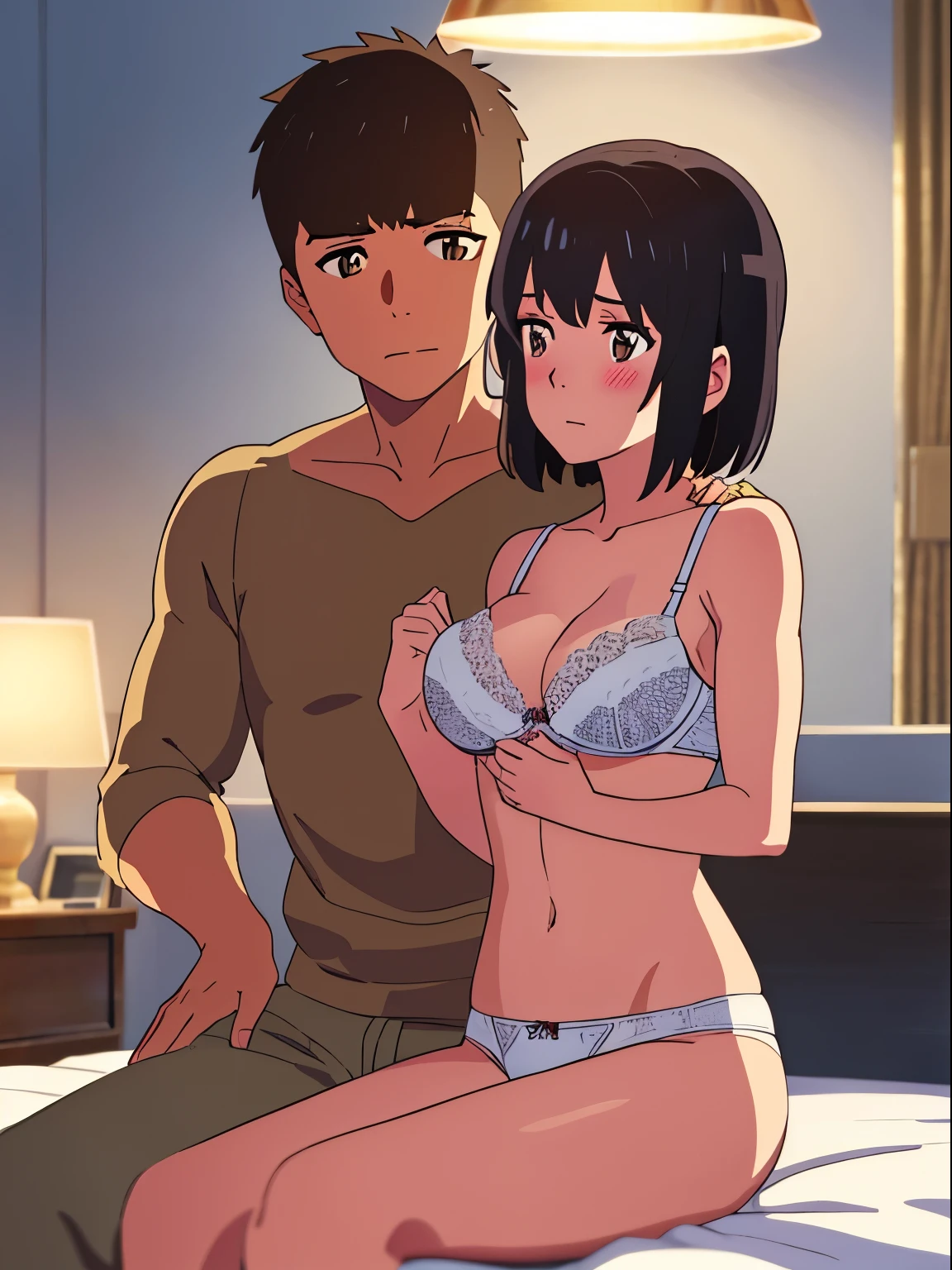 masterpiece:1.6, best quality), finely detailed beautiful eyes: 1.2), colorful, shinkai makoto, kimi no na wa., 1boy, buzzcut, muscular, brown eyes, nude, boy caressing girl's body, breast groping, breast grope, hold breast, hugging from behind, 1girl, bangs, black hair, red headband, red ribbon, short hair, blush, brown eyes, medium breast, white bra, white panties, indoors, sit, sitting on bed , bed,bedroom, lamp, cowboy shot, face to face
