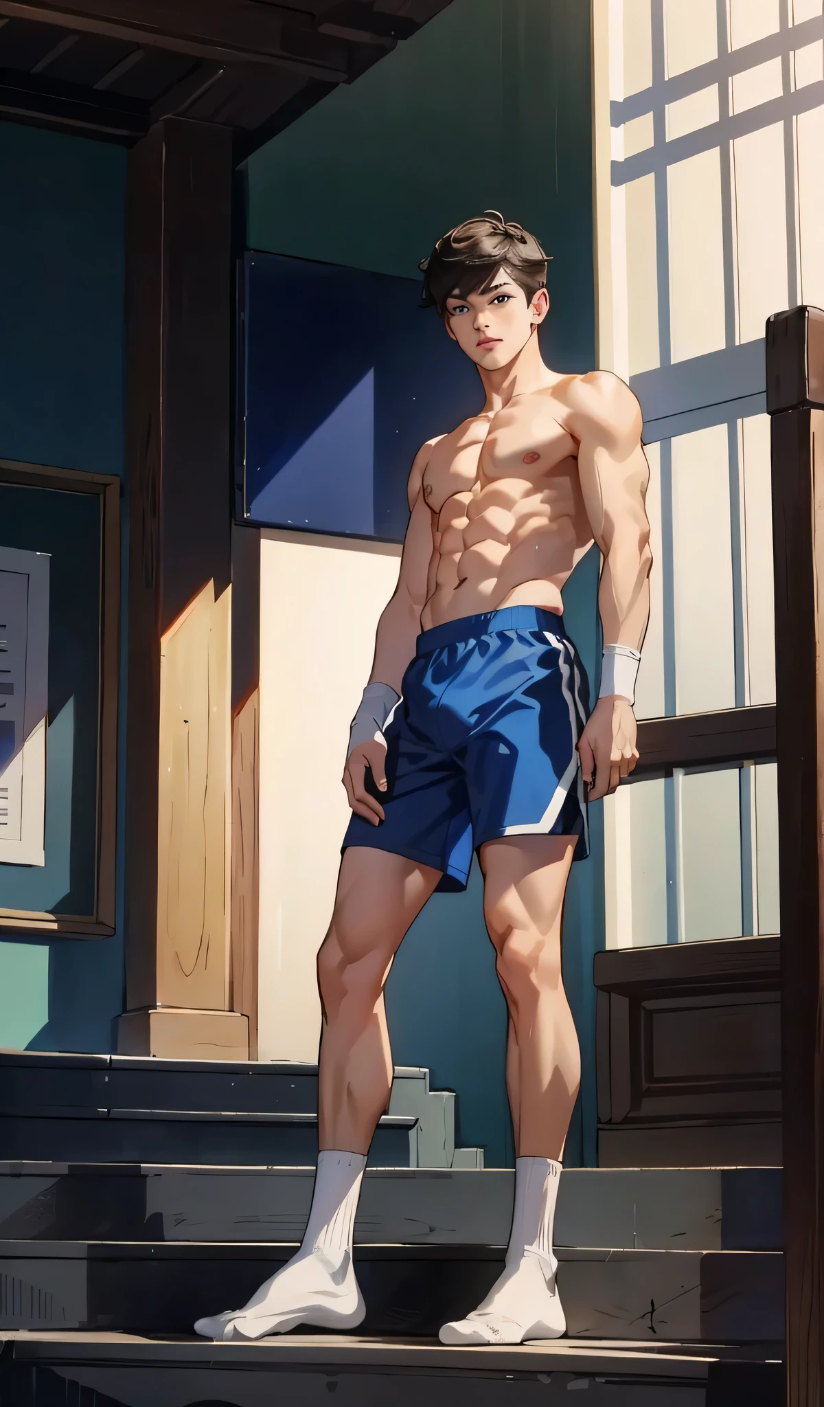 （Huang Li，high resolution，Super detailed），（（masterpiece）），（（best quality：1.1）），high resolution，8k，1 boy，（crotch bulge：1.1），shadow face，（White Nike basketball socks：1.1），（White ribbed socks：1.2），No socks to wear&#39;noexist，Invisible socks，toes under socks，shorter pants，Seamless socks，（Puffy nipples，（from below：1.1），
 blue eyes， looking at the audience， Short hair details， facial， athlete，shirtless，sweat shorts，Abs sitting on steps of school stairs，anime style，In the room，bait