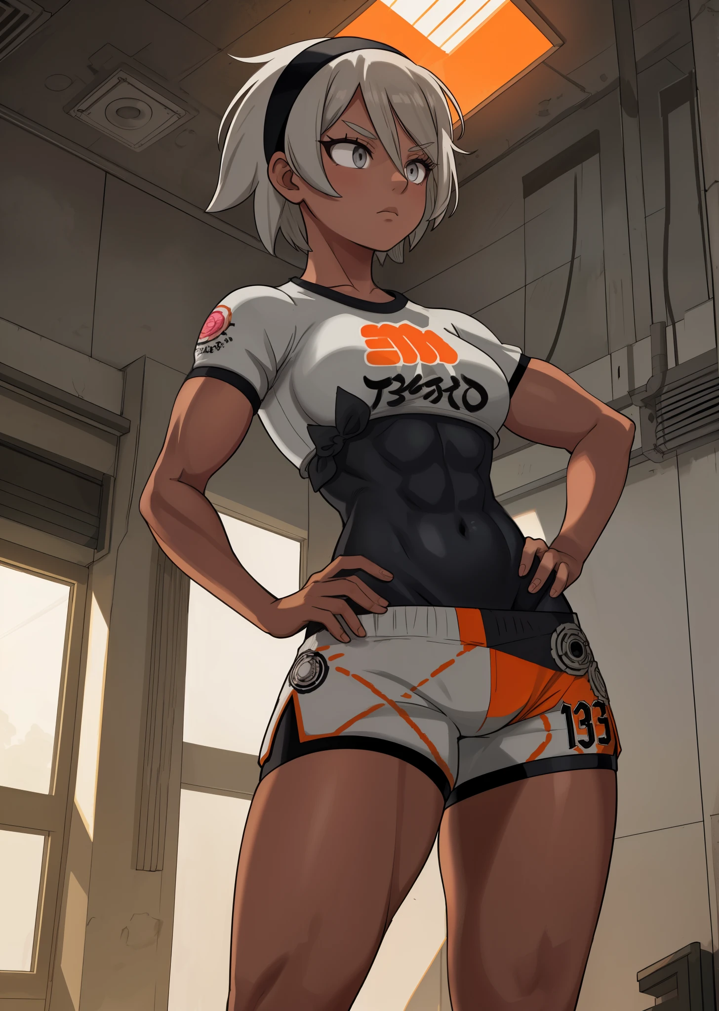 [bea], [pokemon], [uploaded to e621.net; (napalm_express)], ((masterpiece)), ((HD)), ((high res)), ((solo portrait)), ((waist-up)), ((front view)), ((detailed shading)), ((beautiful render art)), ((intricate details)), {anime girl; (dark-toned skin), (cute grey eyes), (short eyelashes), short white hair, (curvy hips), (defined muscles), (beautiful muscular legs), (expressionless)}, {(white shirt), (midriff), (bodysuit under clothes), (orange print shorts), (black hairband)}, {(standing), (looking in the distance)}, [background; (open room), (gym), (ceiling lights), (sun rays), (pink and orange sky)]