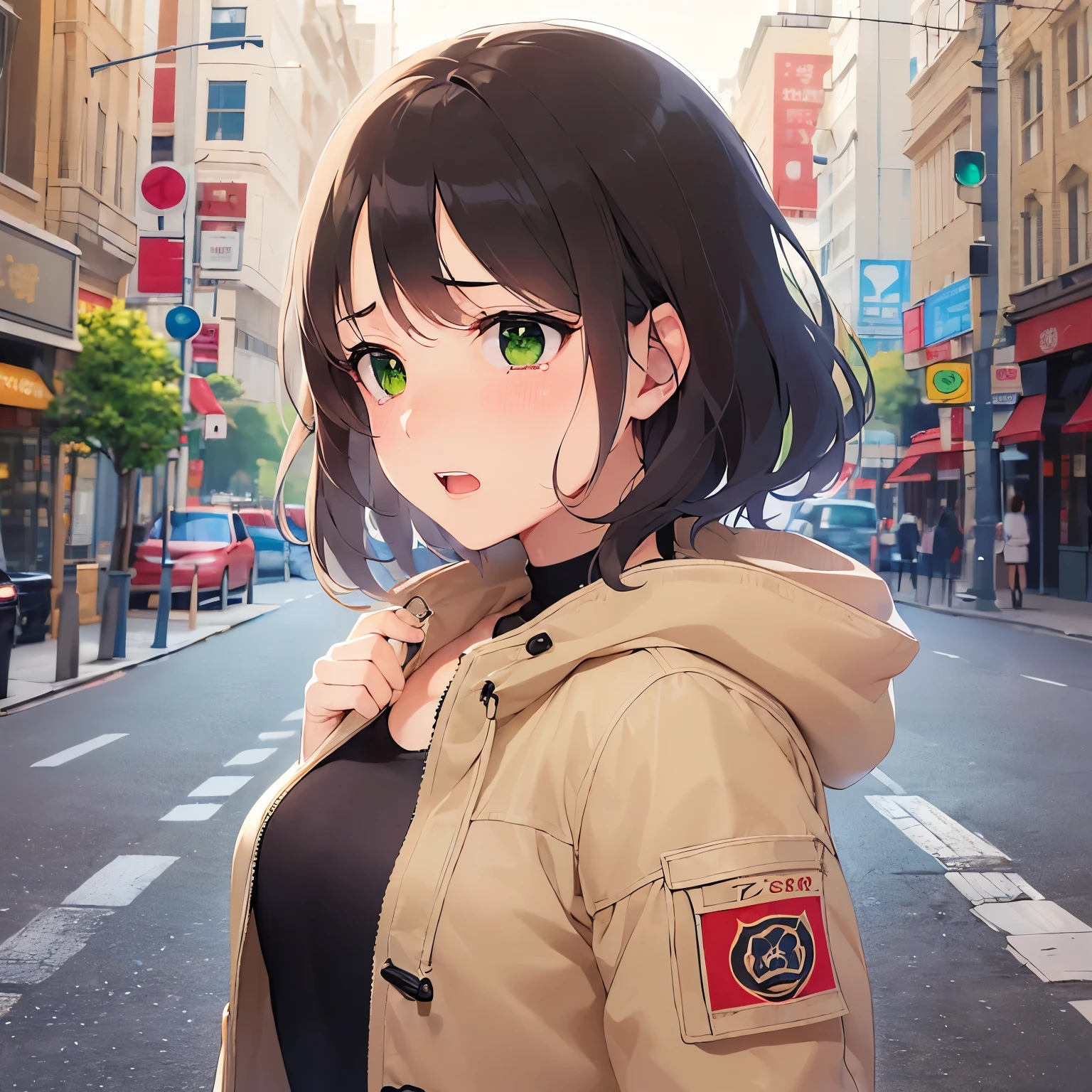 (looking away:1.5), Placing hand on chest, side angle, Realistic, real person, RAW photo, photorealistic, portrait photography, shiny skin, japanese idol、(前髪がある20歳の女性), (green eyes:1.5) and (brown hair) and (bob cut) and (wavy hair), (beige Down Jacket:1.5)、黒いタートルネックのセーターを着ている、(scared:1.5), tears, 一人きり、背景は外のビル街