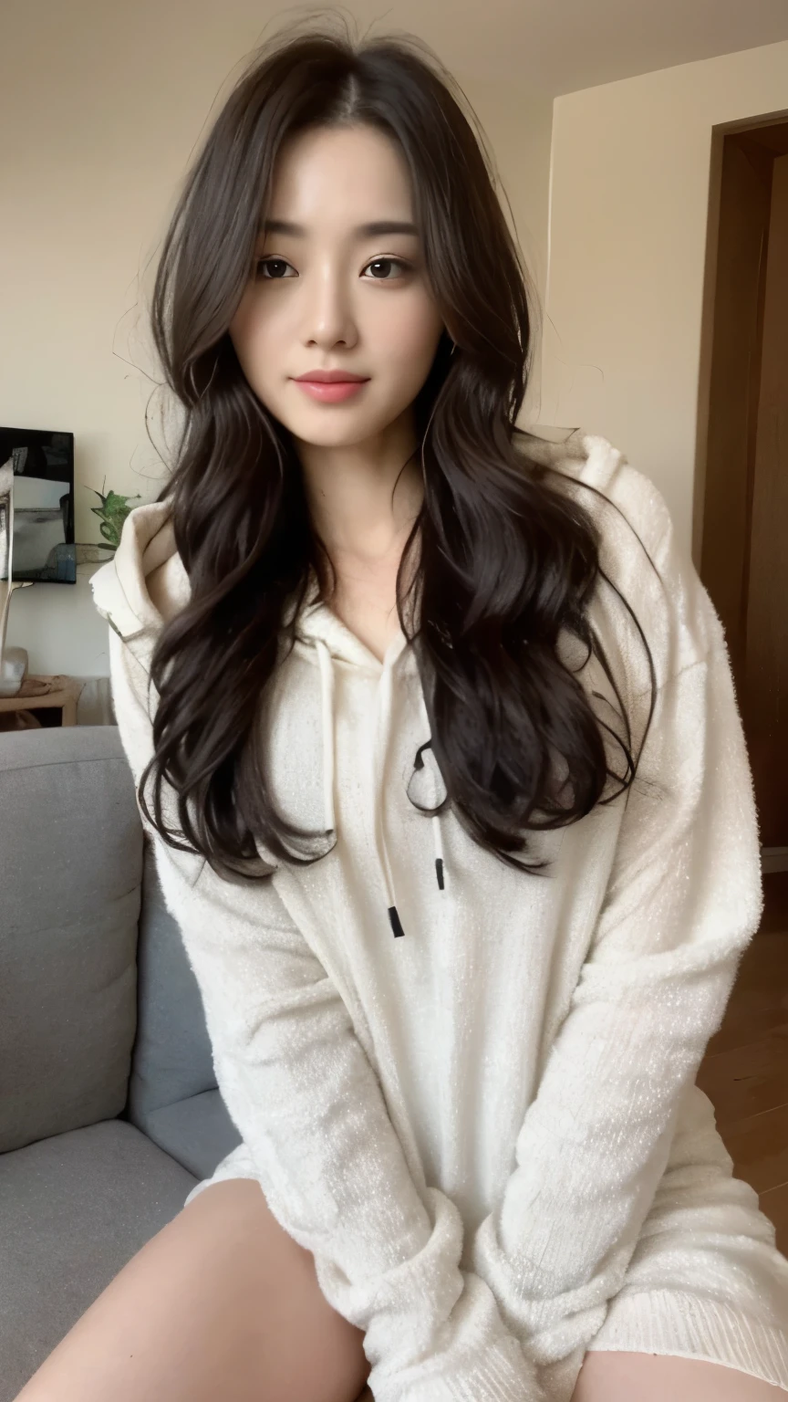 ((top-quality、8k、masterpiece:1.3))、Beautiful woman with perfect body:1.4、slim abdomen:1.2、Longhair, normal breast, Highly detailed facial and skin texture, A detailed eye, delicate eyes, double eyelid, (smile), (full body shot), ((living room)), (sitting on the sofa), (((wearing white hooded))), looking in front