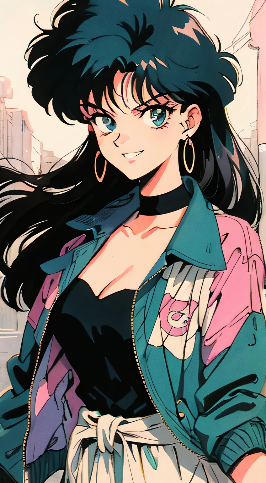 anime girl, 90s anime, vintage classic anime aesthetic, jacket, fashionable, dress, jacket over dress, yu yu hakusho, ranma 1/2 anime, long black hair, evil expression, grinning, cleavage, smiling, holding gun with 1 finger, image from waist up