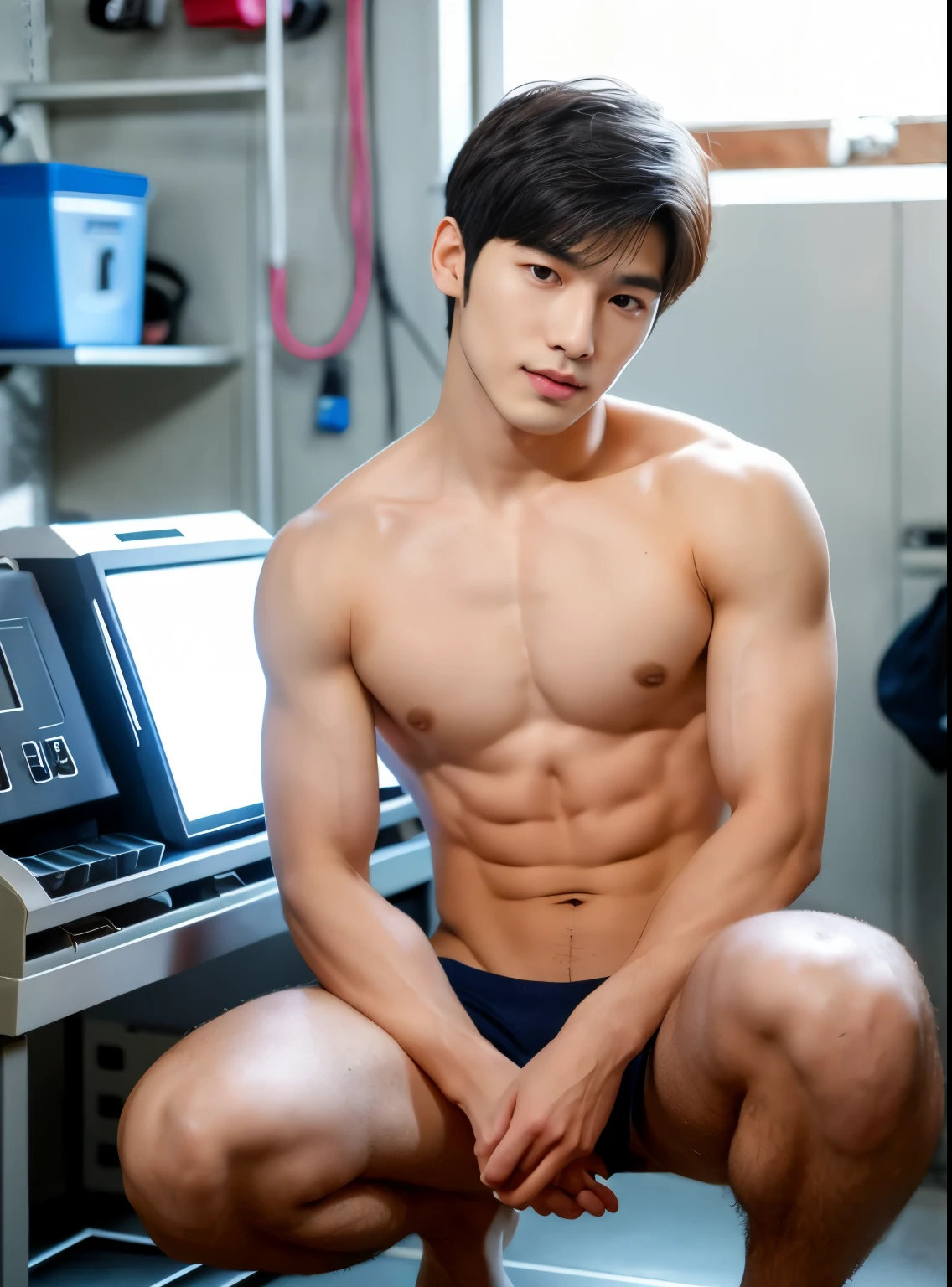 young man, 22 years old, Good looking, Looks like a Korean actor, cute face, white skin, small mouth, Slender face, short hair, handsome, Confident eyes, fit, Broad shoulders, Have abdominal muscles., naked, naked, Squatting, Open your legs in a V shape., in a robotic factory, bright, outdoor, likes to show off his penis, clearly shows the penis, There was one decent sized penis., Don't feel embarrassed., Was gangbanged for taking photos, Sluts, Shameless, exhibitionist, pose like prostitute, natural light, both eyes are the same, muscular, perfect eyes, nipples showed, penis exposed, Global illumination, tall, full body, tiny waist, soft light, dream light, digital painting, extremely detailed CGI, hd, 8k, 4k background