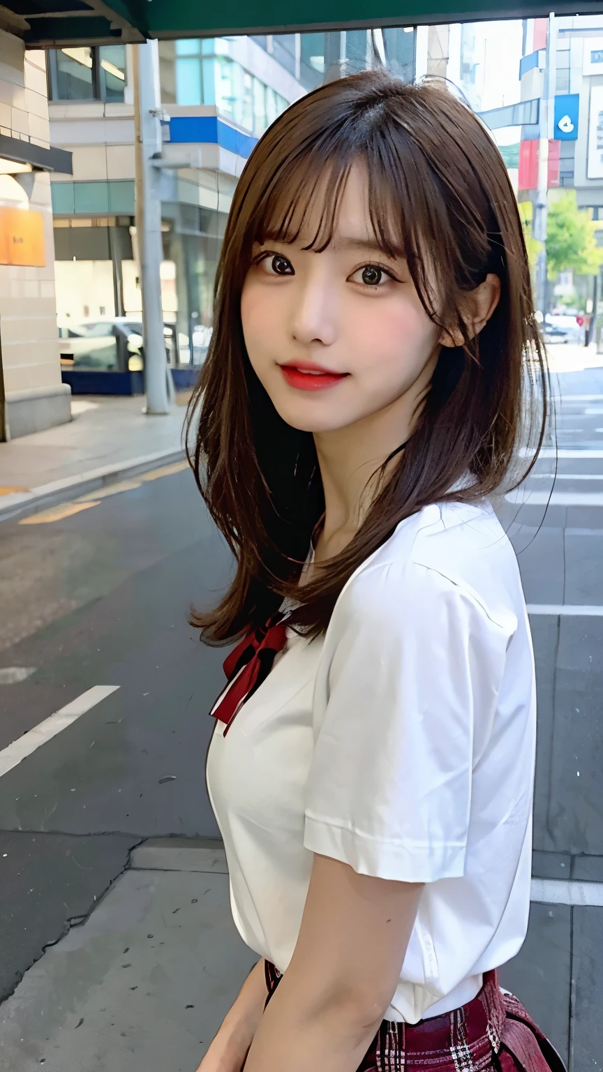 NSFW, 8K RAW photo, highest quality, masterpiece, ultra high resolution, film grain, movie, 1 girl, looking at the viewer, natural skin texture, Realistic eye and face details, full lips, lipstick, (compensate), red eyeshadow, random hairstyle、dark smile, close your mouth, beautiful feet, skinny, slim_feet, alone, big 、 cleavage, pose with your butt facing yourself, super short skirt, teeth, shirt, beautiful natural location, Around Hanaba, (detailed background), Plaid skirt, white shirt, Show a little cleavage through the shirt, loafers, blurry background, blurry, holding, Plaid, short sleeve, JK ribbon on the neck, JK ribbon, brown hair, bangs, school uniform, jewelry, parted lips, lips, From the side, pleated skirt, written boundary depth