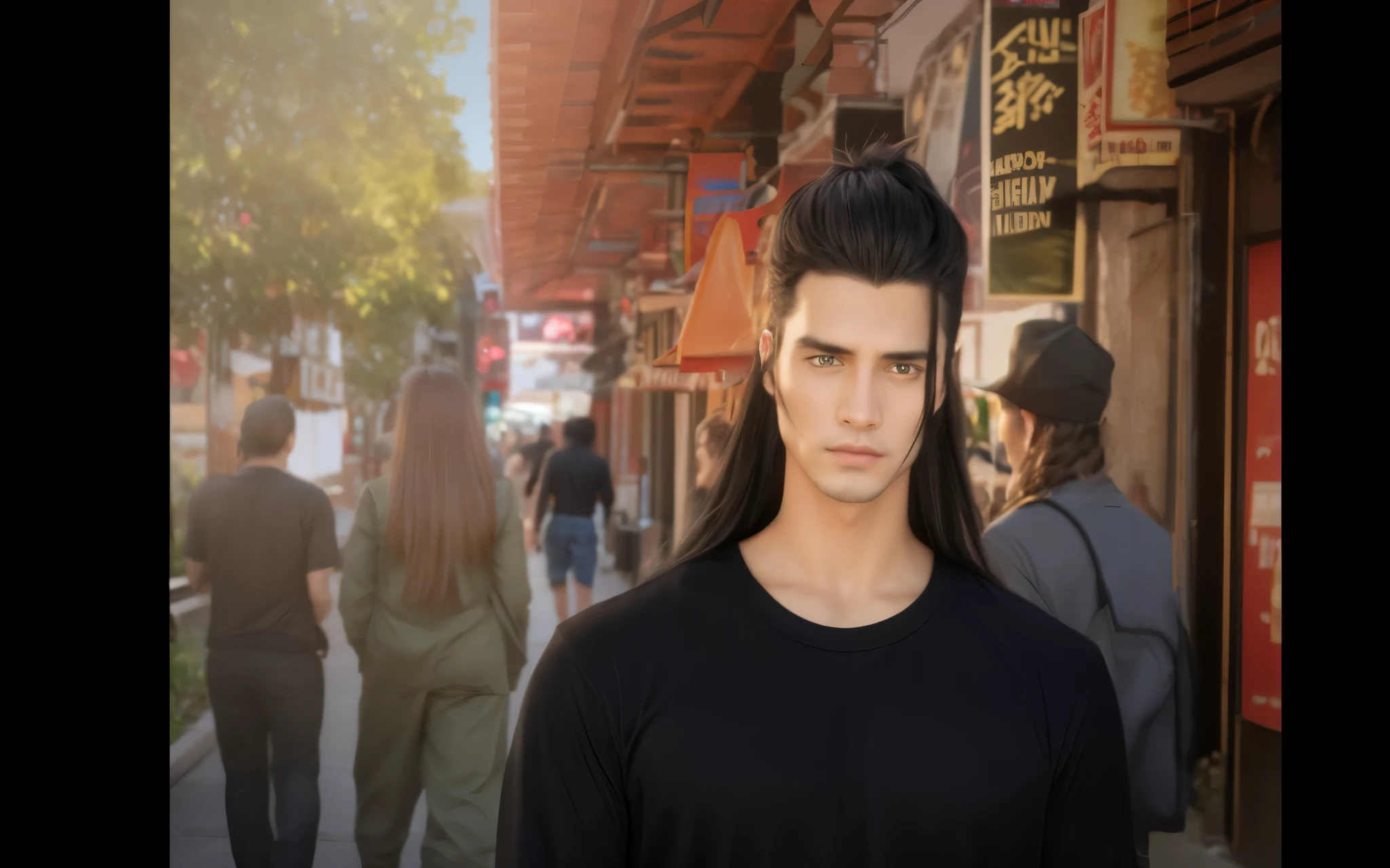 image of a man with long hair and a black shirt, realistic. Hyperrealistic.