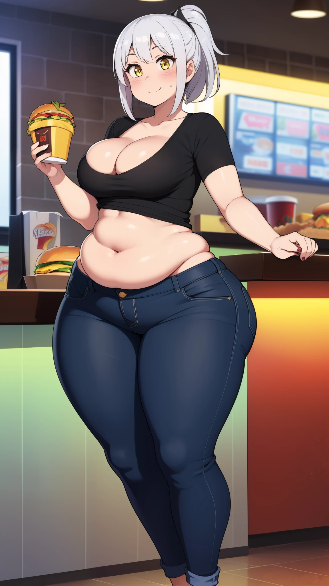 Masterpiece, high quality, best quality, beautiful, perfect lighting, detailed face, detailed body, ((1girl)), ((solo)), ((silver hair)), medium hair, ponytail, (messy hair), yellow eyes, looking at viewer, smile, teasing, (excited), ((blush)), happy, black shirt, jeans, large breasts, cleavage, perky breasts, (wide hips), ((thick thighs)), (chubby), ((fast food restaurant)),
