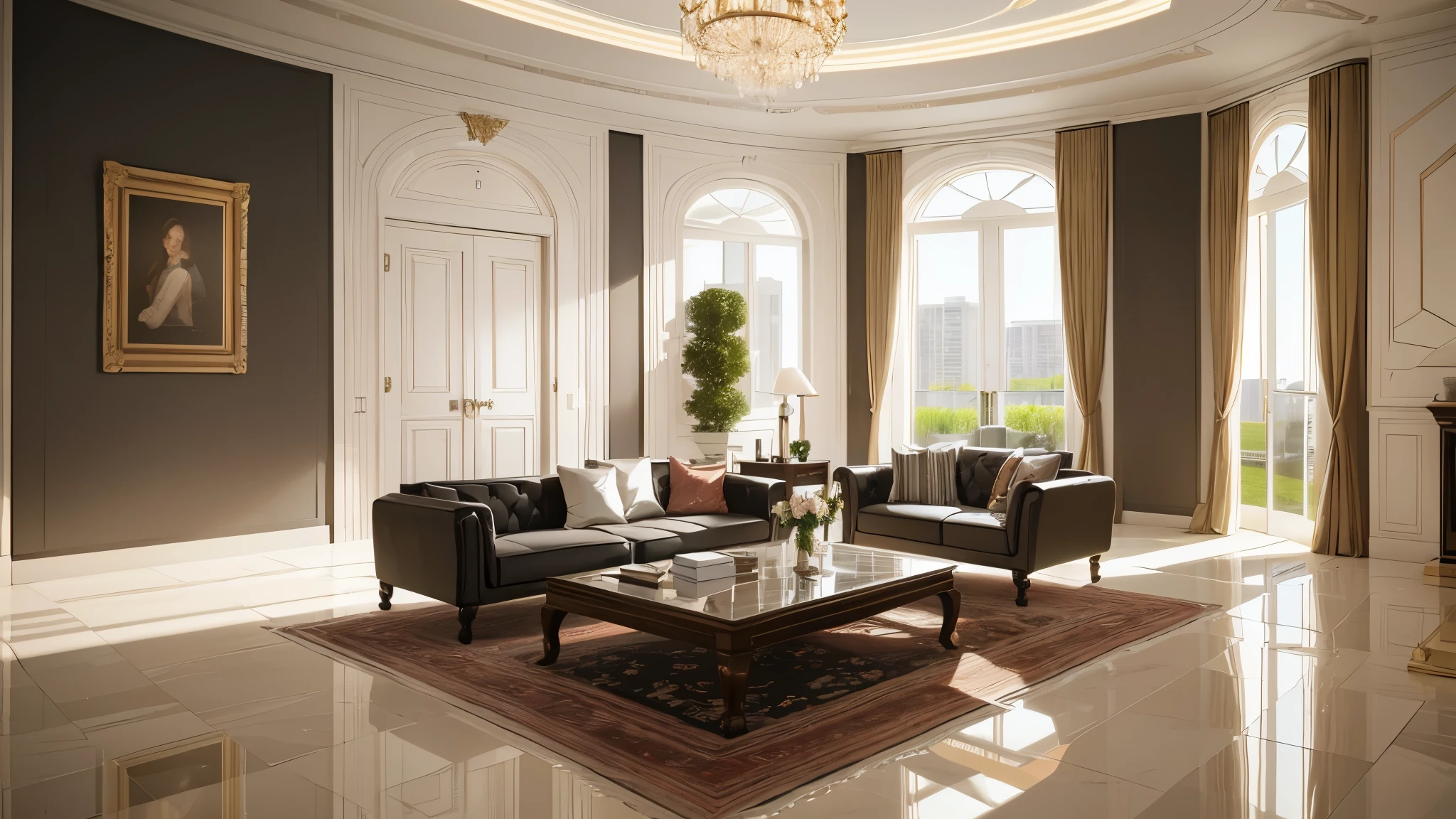 You are a famous interior designer、You have been asked to create a 3D image of a modern large room. Create a harmonious environment with modern and minimalist furniture. Including garden interior.